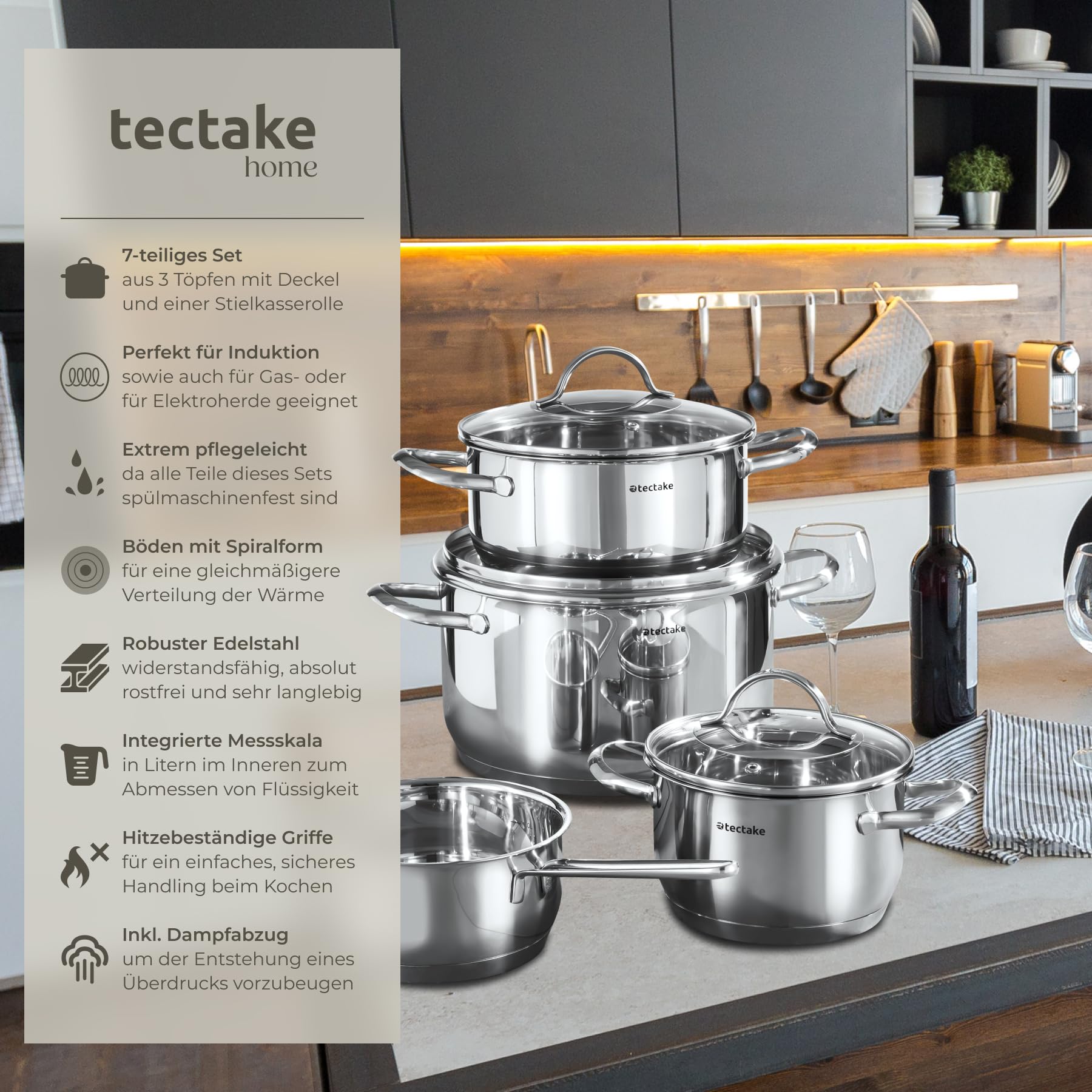 tectake® 7-tlg. Topfset, Edelstahl Kochgeschirr, Töpfe Set mit Deckel, Kochtopf Set für Induktionskochfeld, Gas- und Elektroherd geeignet, Küchensets, Topfsets für Wohnung oder Camping Geschirr