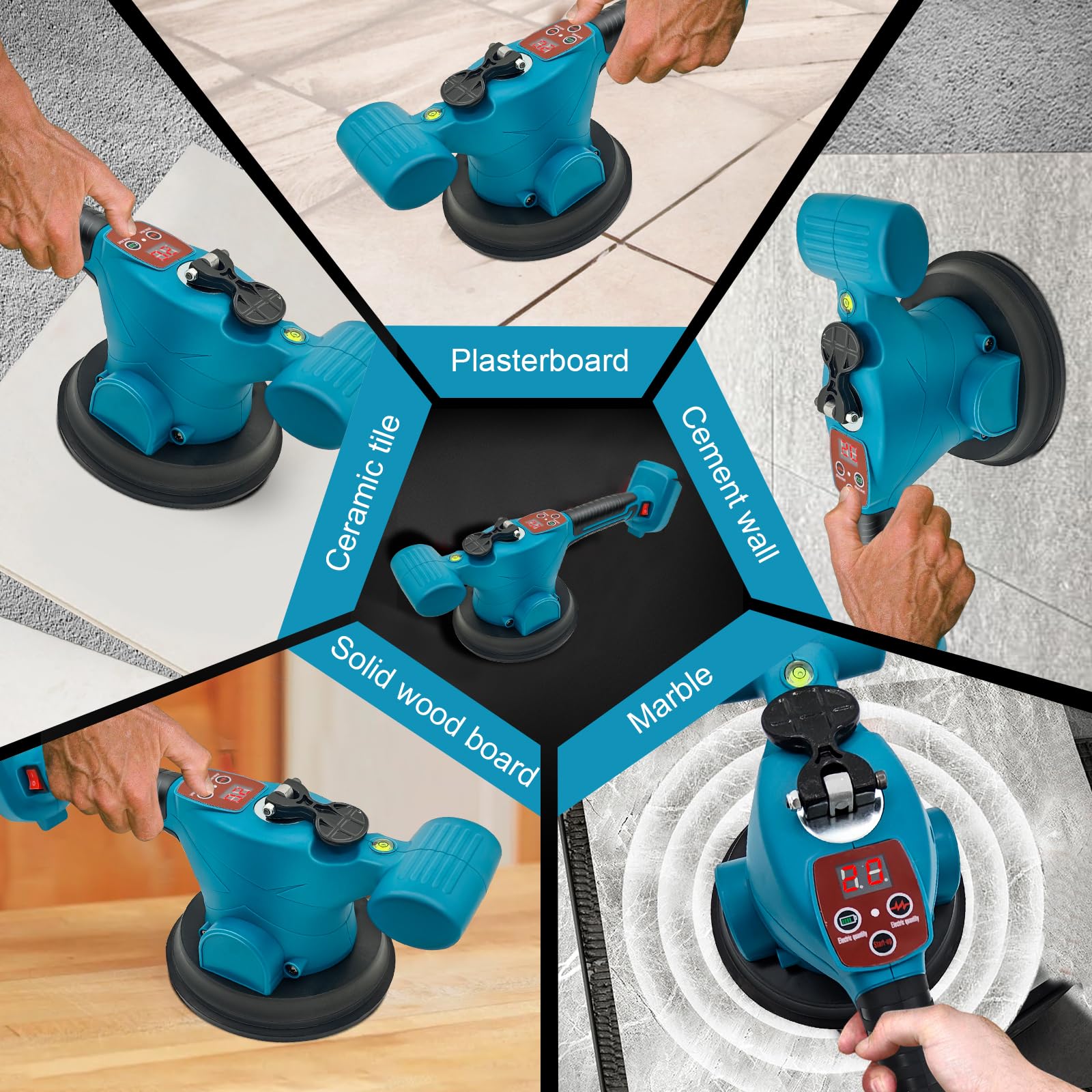 Professioneller Akku Fliesenleger, Fliesenvibrator kompatibel mit Makita 18V Akku, Fliesenlegergerät mit 9 verstellbaren Zahnrädern, 16cm Saugnapf und 200kg Adsorption zum Verlegen von 0,3-2m Fliesen