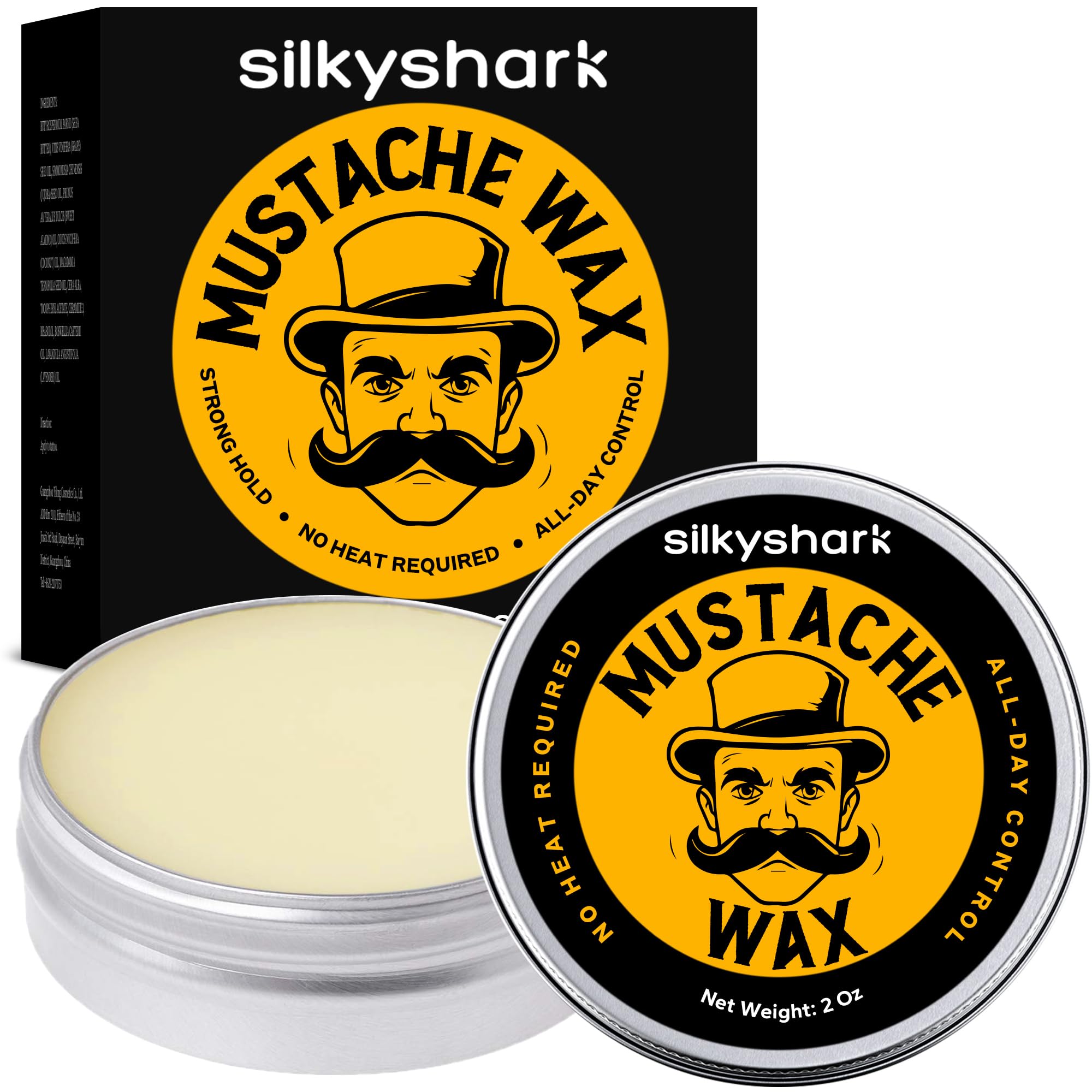 SilkyShark Mustache Wax (2 Oz), Mustache Wax for Men Strong Hold, Easy Application, Restyleable Beard & Moustache Wax, All Natural Formula Beard Wax for Men, Long-Lasting Mustache