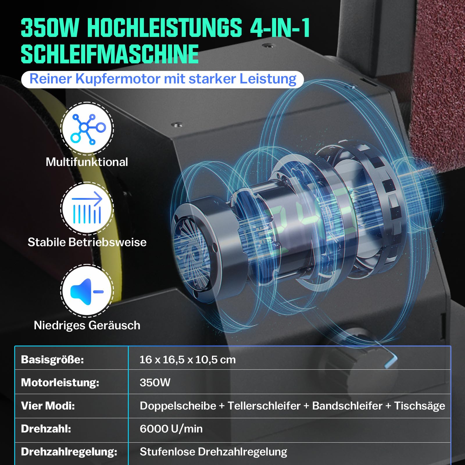 4-IN-1 Mini Tischkreissäge 350W mit LED-Voltanzeige, 0-90° Verstellbarer Bandschleifer mit 10 Schleifbänder, Doppelschleifmaschine, Multifunktionsgerät mit 7-stufig einstellbarer Geschwindigkeit