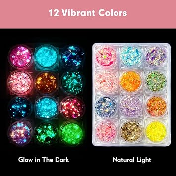 12 Colors Glow in The Dark Glitter Gel | Makeup Chunky Fine Glitter for Women, UV Black Light Body/Face/Hair/Eyeshadow for Halloween Makeup Raves Festivals