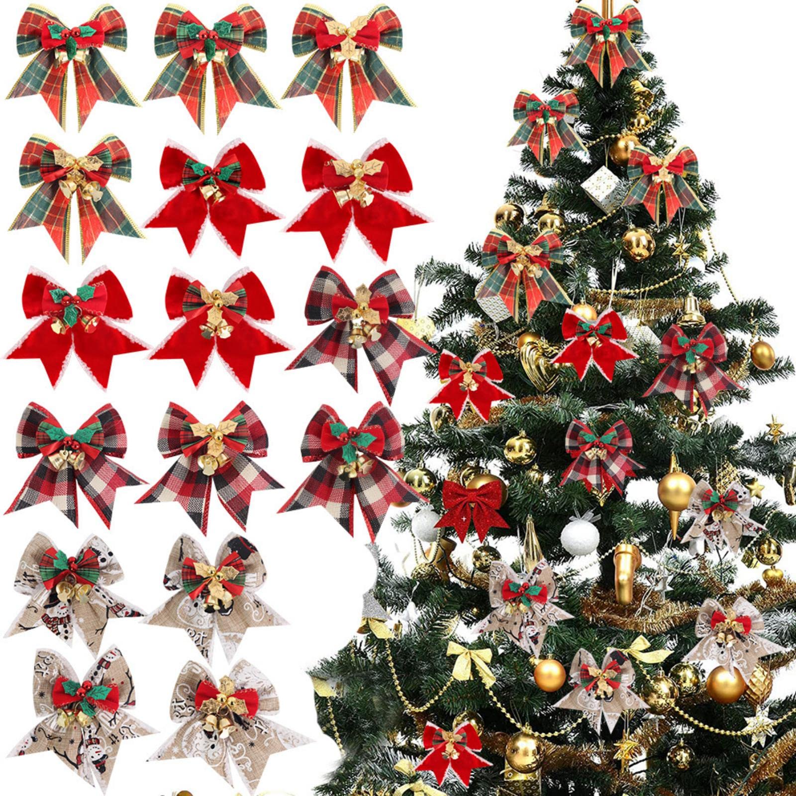 MOJUN 16 Pieces Christmas Bows with Bells, Xmas Mini Bowknot Craft Gift Hanging Ornament for Christmas Tree Wreath Garland Decor