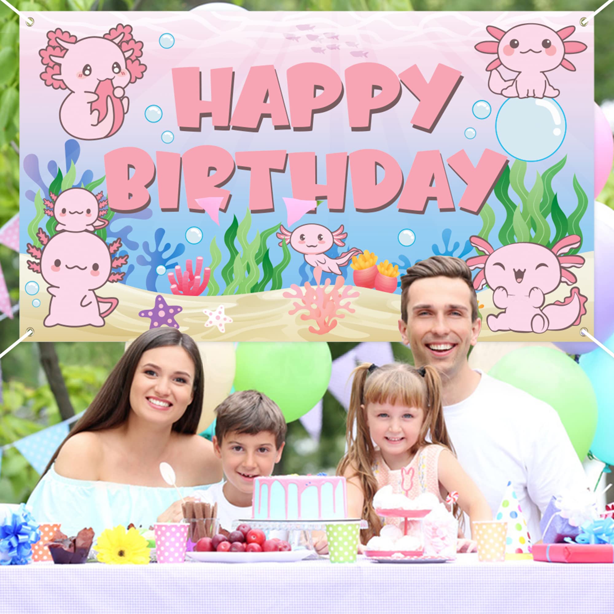 Sfondo Fotografico Per Compleanno Axolotl – 1,5 X 0,9 M – Viola Con Scritta 'Happy Birthday' – Tema Cartoon Per Bambini - 2