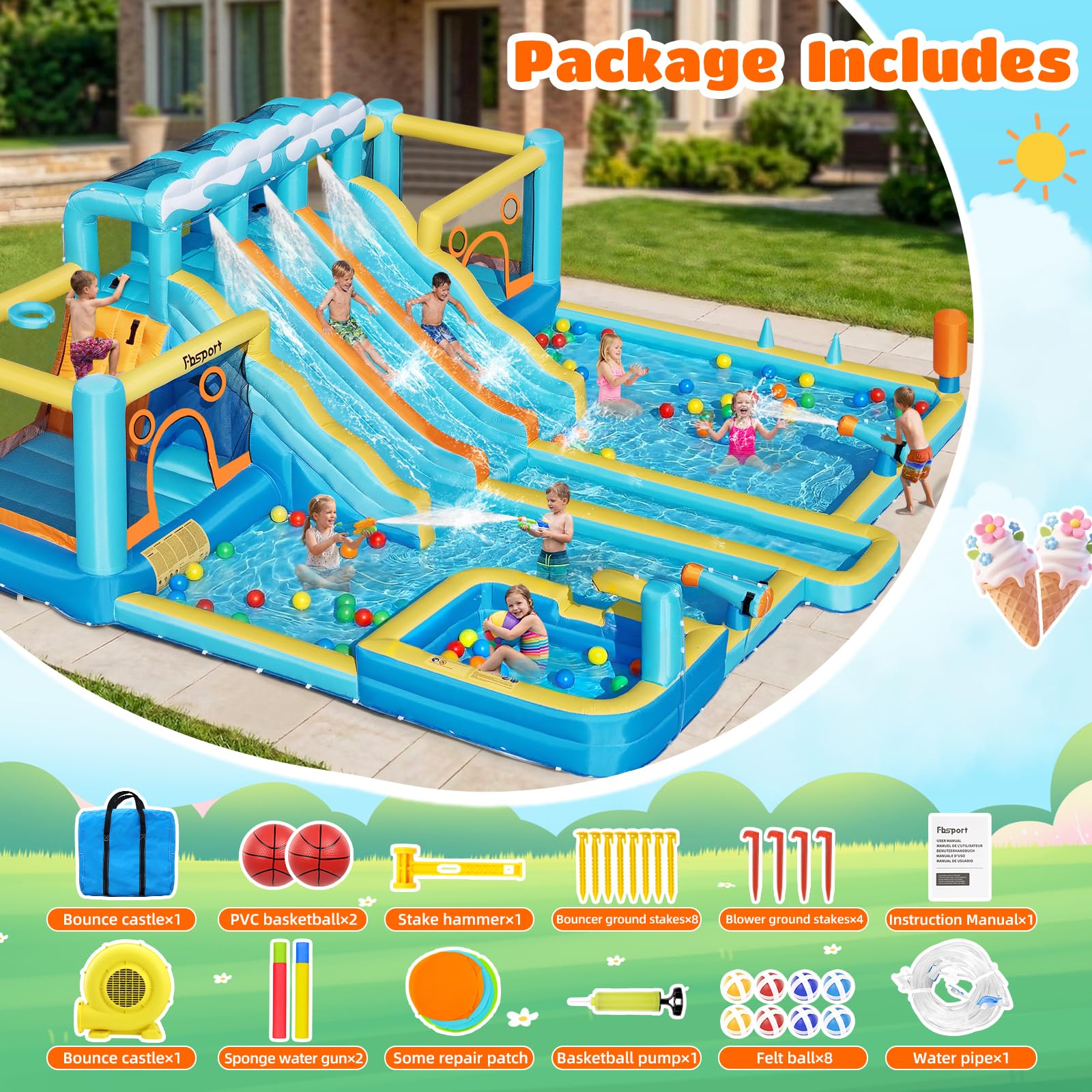 FBSPORT Hüpfburg & Wasserrutsche, 10-in-1 Wasserpark mit 3 Gleiten, 2 Sprungzonen & Kletterwand, 950W Gebläse, Gartenanlage mit Wasserwaffe, Planschbecken & Spielzubehör