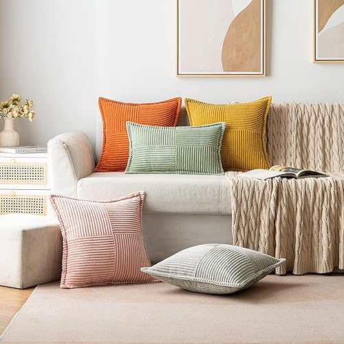 Miniatura 7 de MIULEE Juego de 2 fundas de almohada amarillas mostaza con empalme, fundas de almohada de pana a rayas bohemias súper suaves con textura de costado