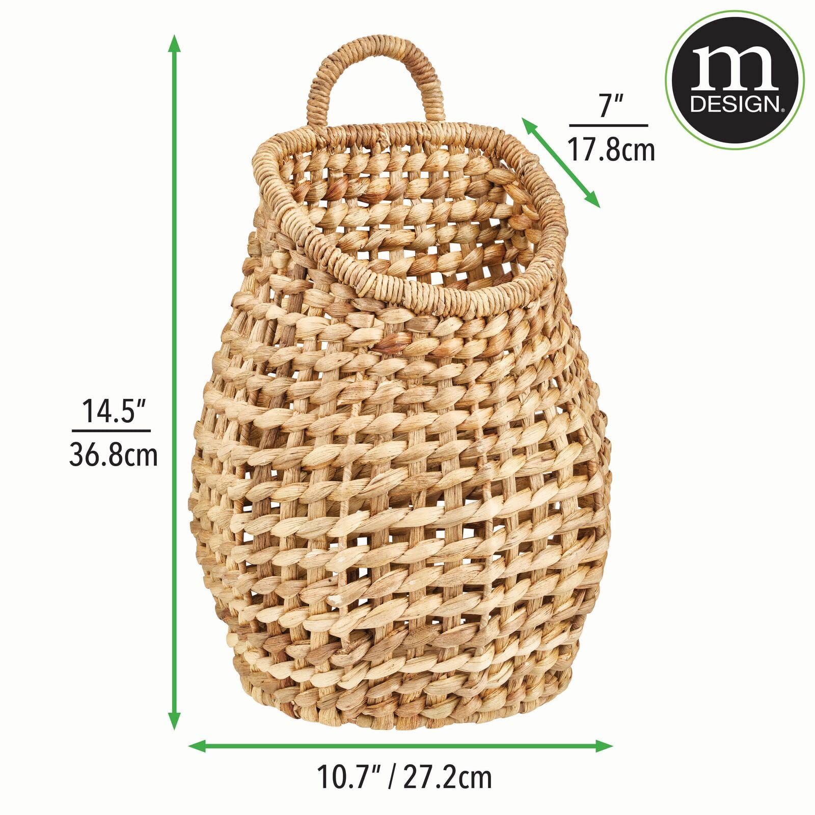 mDesign Open Weave Water Hyacinth Hanging Wall Storage Belly Basket for Flowers & Essentials, Decorative Boho Mounted Organizer for Pantry, Closet, Bathroom, and The Door - Natural/Tan