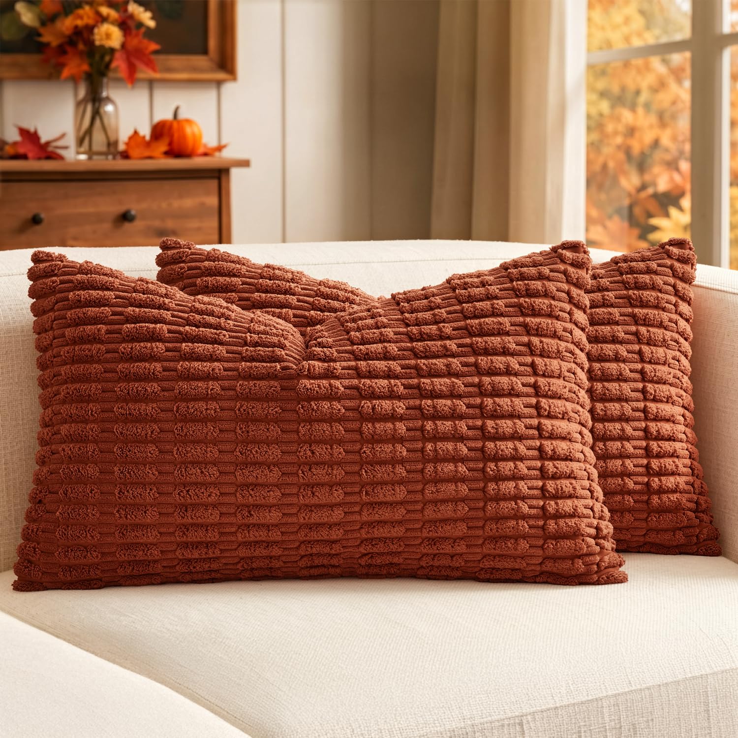 MIULEE Fall Lumbar Corduroy Decorative Throw Pillow Covers 12x20 Rust | Terracotta Pack of 2 Soft Boho Striped Pillow Covers Modern Farmhouse Autumn Home Decor For Sofa Living Room Couch Bed 20" x 12" (Pack of 2) Rust 2