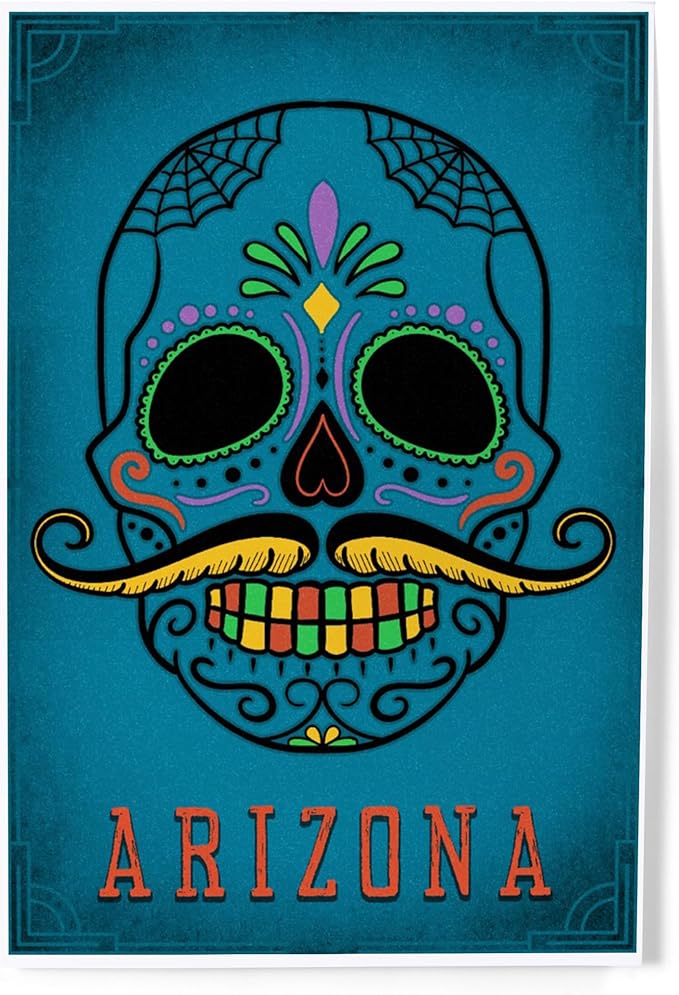 Lantern Press 8x12 Art Print, Arizona, Sugar Skull with Mustache, Teal