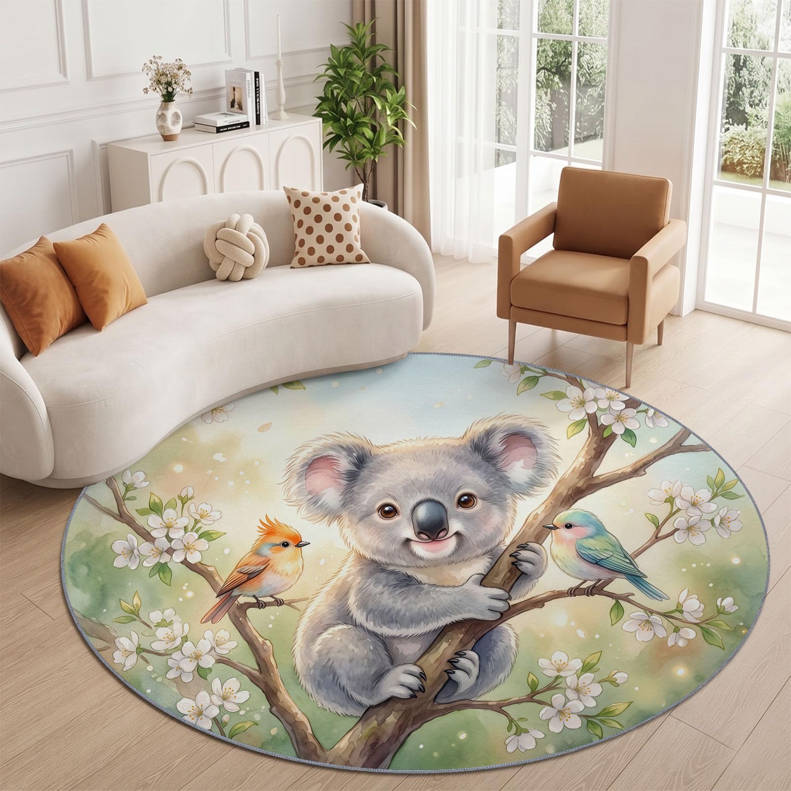 Alfombra redonda de 120 cm con diseño de koala y pajarito, diseño de animales y pájaros, lavable, alfombra de juegos para bebés, niños y niñas, alfombra de suelo antideslizante, suave, colorida