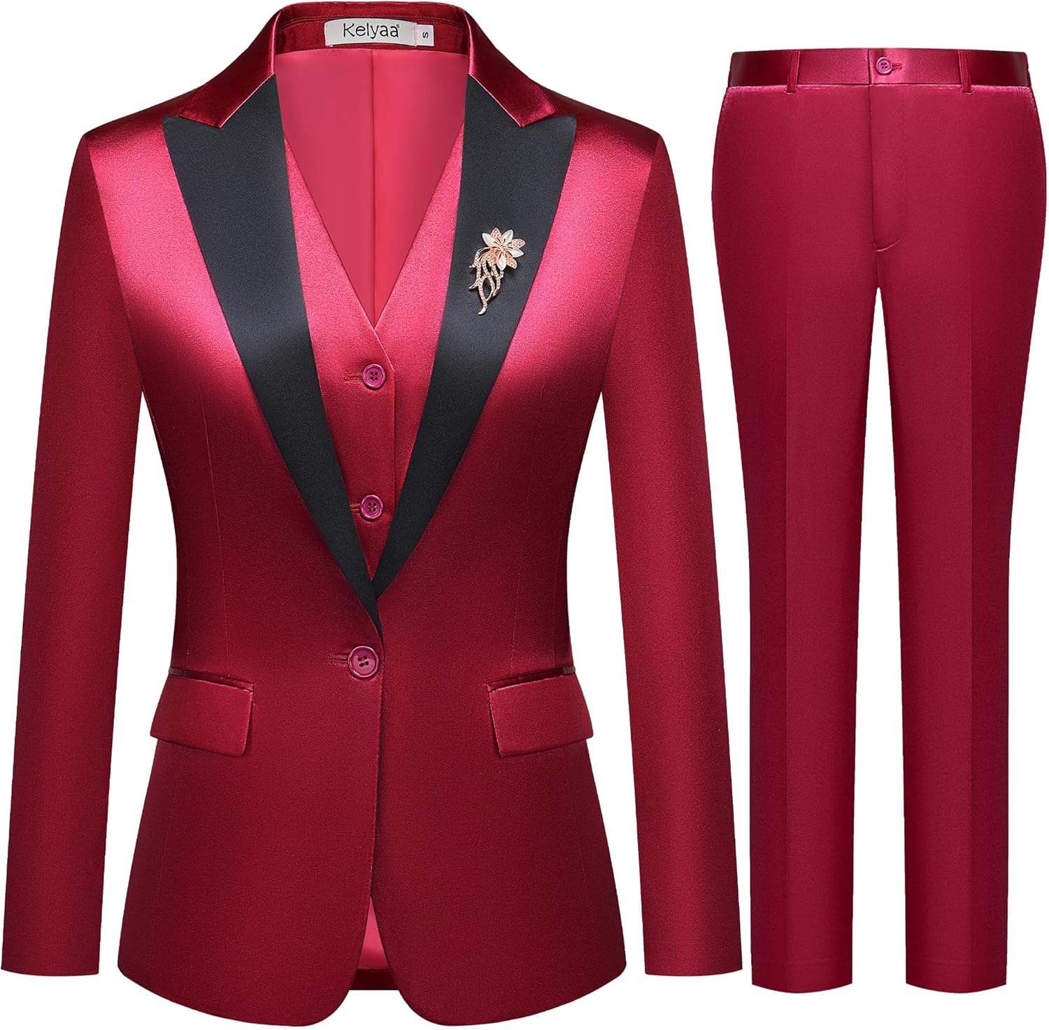 Women's 3 Pieces Satin Suit Black Peak Lapel Fashion Outfits Casual Party Wedding Blazer Jacket Vest Pants Set - Image 2