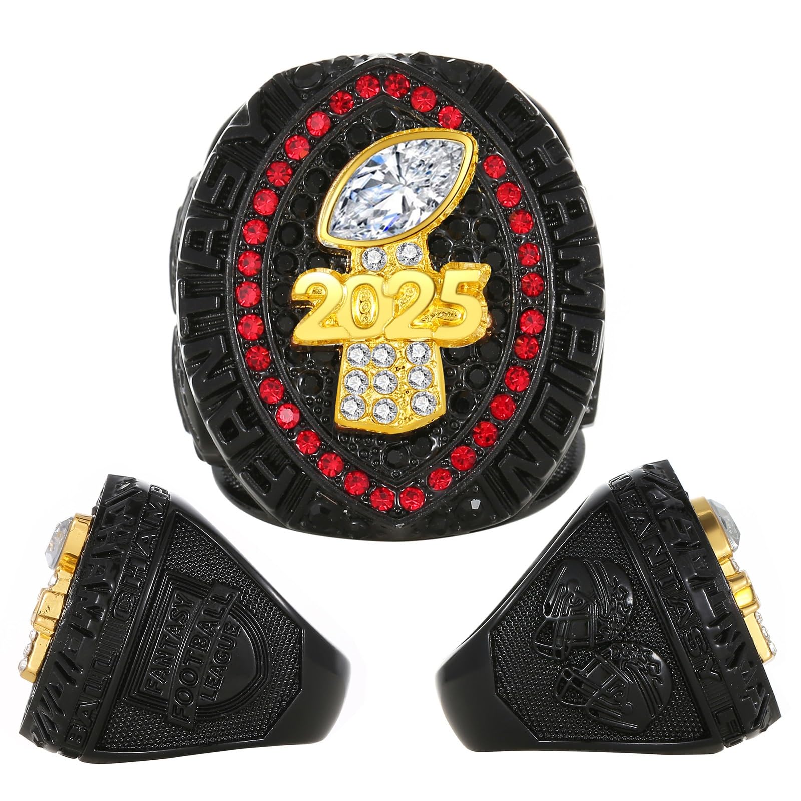 Fantasy Football Ring 2025, Anillo de campeonato negro, azul y rojo, Trofeo de campeonato FFL, Caja de regalo, Caja de presentación de anillos