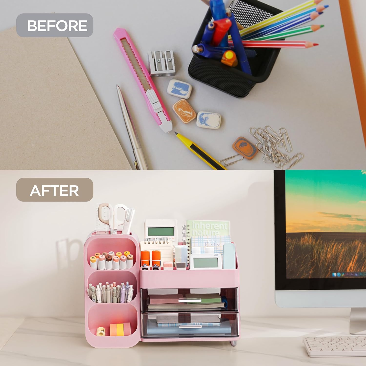 HBlife Desk Organizer with Pen Pencil Holder for Desk, Pen Organizer with 2 Drawers, Desk Organizers and Accessories with 4 Compartments, Desktop Storage for Office Home School Art Supplies, Pink