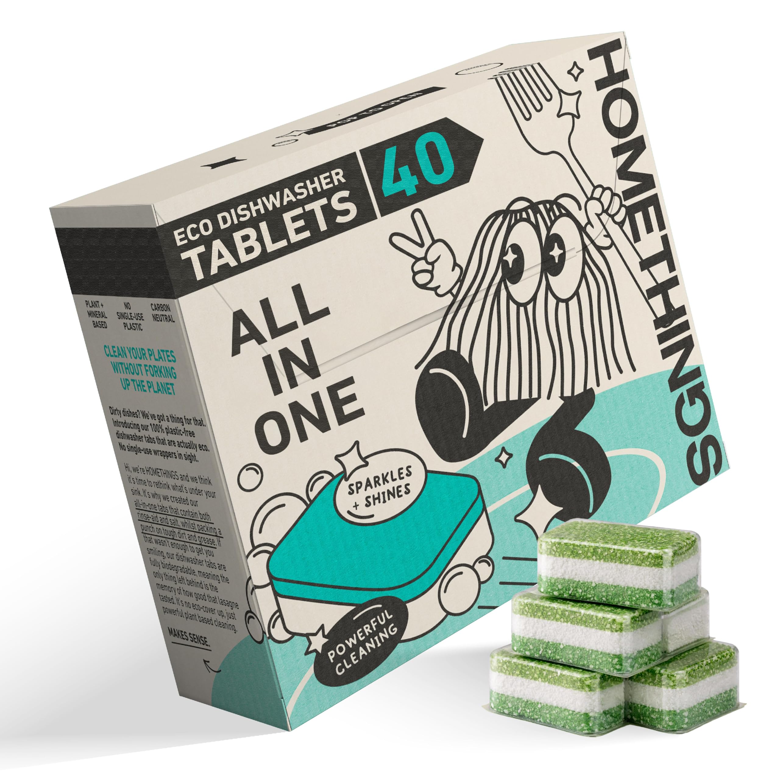 Homethings, 40 Eco-Friendly Dishwasher Tablets, Eco 3-in-1 Dishwasher Tabs, Highly Effective Cleaning, No Toxic Chemicals, Vegan & Cruelty-Free, No Animal Testing, Made in EU