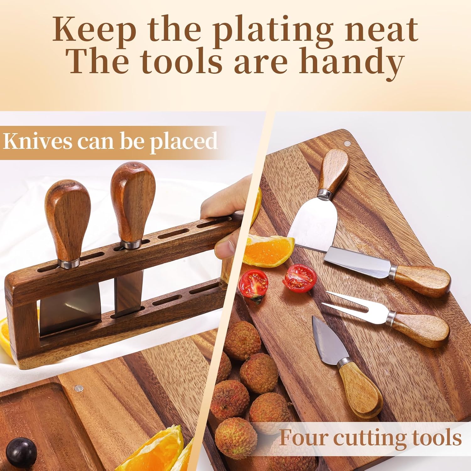 Acacia Charcuterie Board Set 14"x11" - Large Cheese Board & Knife Set, Elegant Bridal Shower Gift, Wedding Serving Tray, Rustic Charcuterie Platter with Stainless Steel Tools