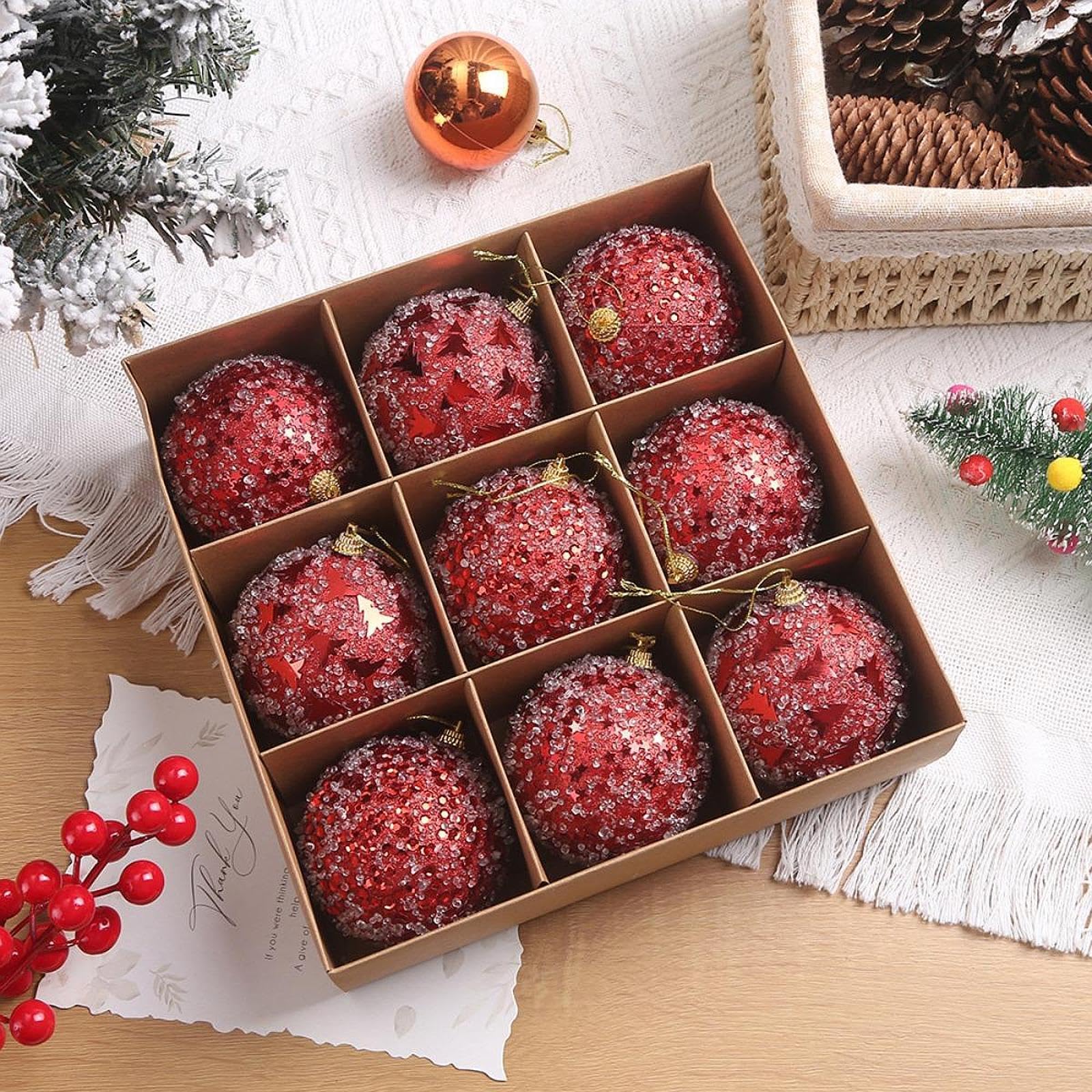 9 Pezzi Palline Natalizie Albero Natale Palle Ornamento Appesi Materiale Leggero Schiuma Superficie Decorativa Adatte per Feste Matrimonio Negozio CAS, Rosso