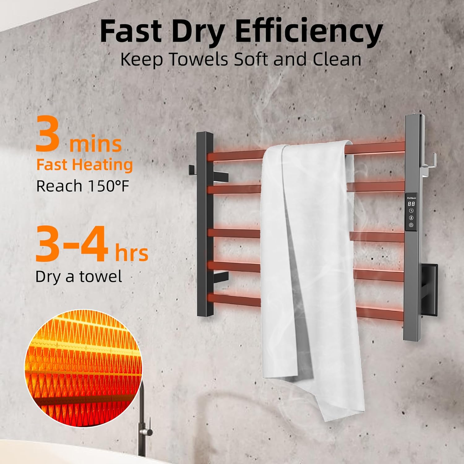 P&Dlusir Square Bar Towel Warmer, Heated Towel Rack with Smart Timer and Thermo Control, Wall-Mounted Heated Towel Rail, Stainless Steel, Hard-Wired/Plug-in, 5 bar, Matte Black