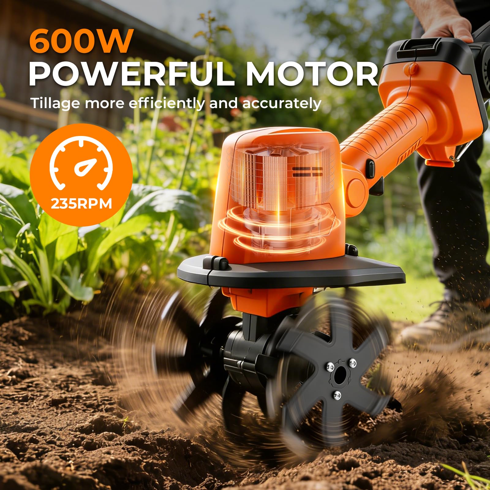 2 in 1 Akku-Bodenhacke, 21V Gartenfräse Elektrisch mit 2 * 1500mAh Akkus, Mikro Gartenfräse mit 1.3m Zusatzhandgriff (4 Metallmesser 10cm Arbeitsbreite 10cm Arbeitstiefe 235 U/min Drehzahl)