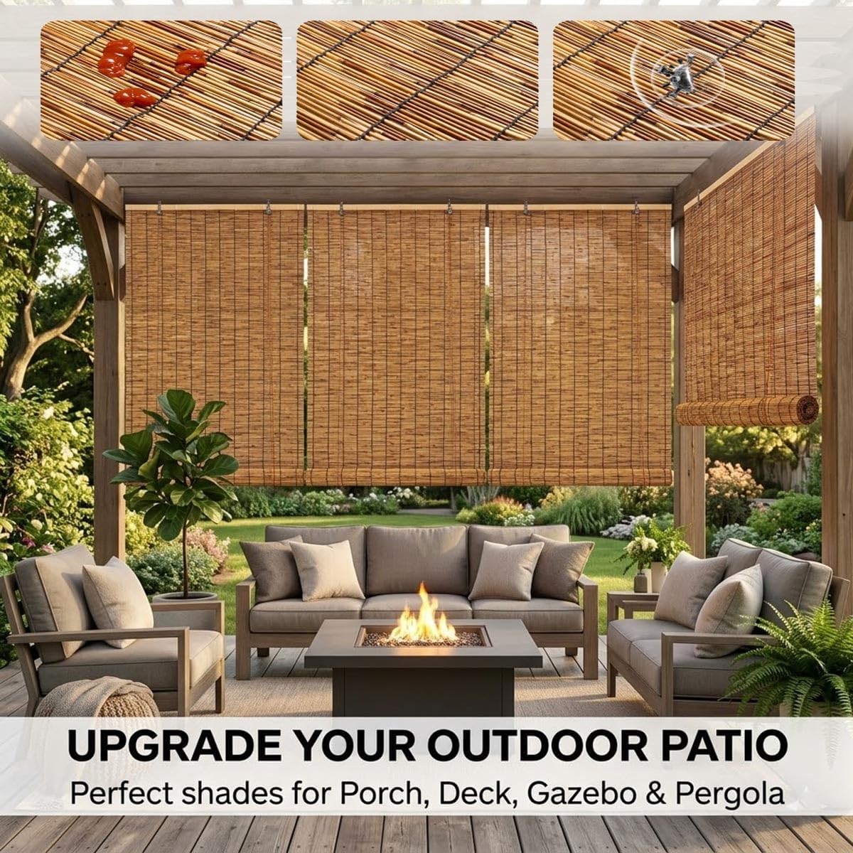 Bamboo Outdoor Roller Shade, Waterproof Patio Blinds Roll Up Shades Exterior Bamboo Blinds for Porch Pergola Deck Backyard Gazebo, Outdoor Semi-Privacy Screen UV Block, Cordless(60" W x 108" H)
