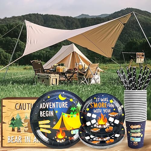Miniatura 3 de Suministros para fiestas de campamento, fogata, senderismo, cámper, juego de platos de papel y servilletas con tazas y pajitas para 24 invitados,