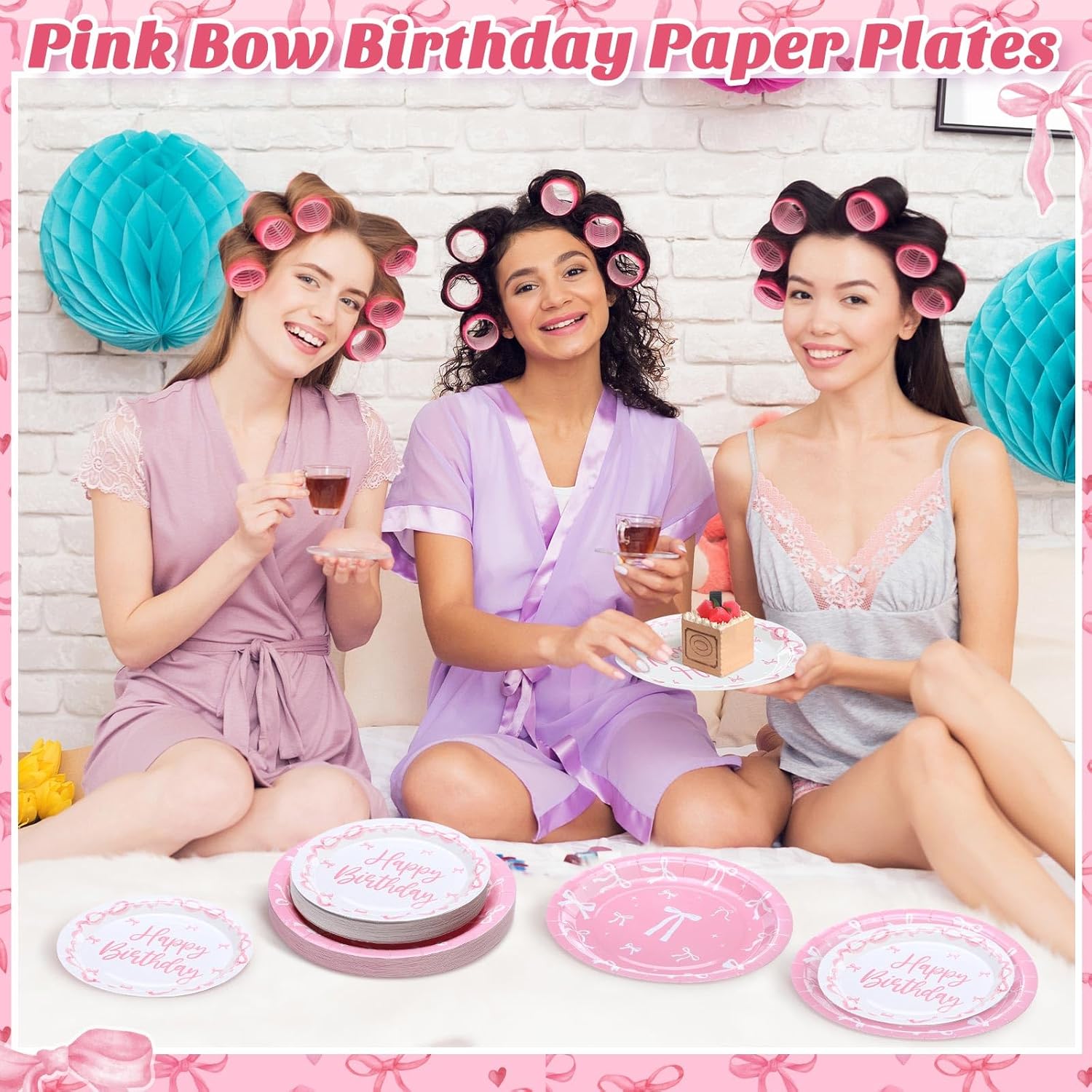 Pickmesh 72 Pcs Pink Bow Party Plates Coquette Birthday Supplies 7" 9" Bow Theme Party Decorations Disposable Dessert Plates for Baby Shower Coquette Birthday Bachelorette Bridal Serve 36 Guests