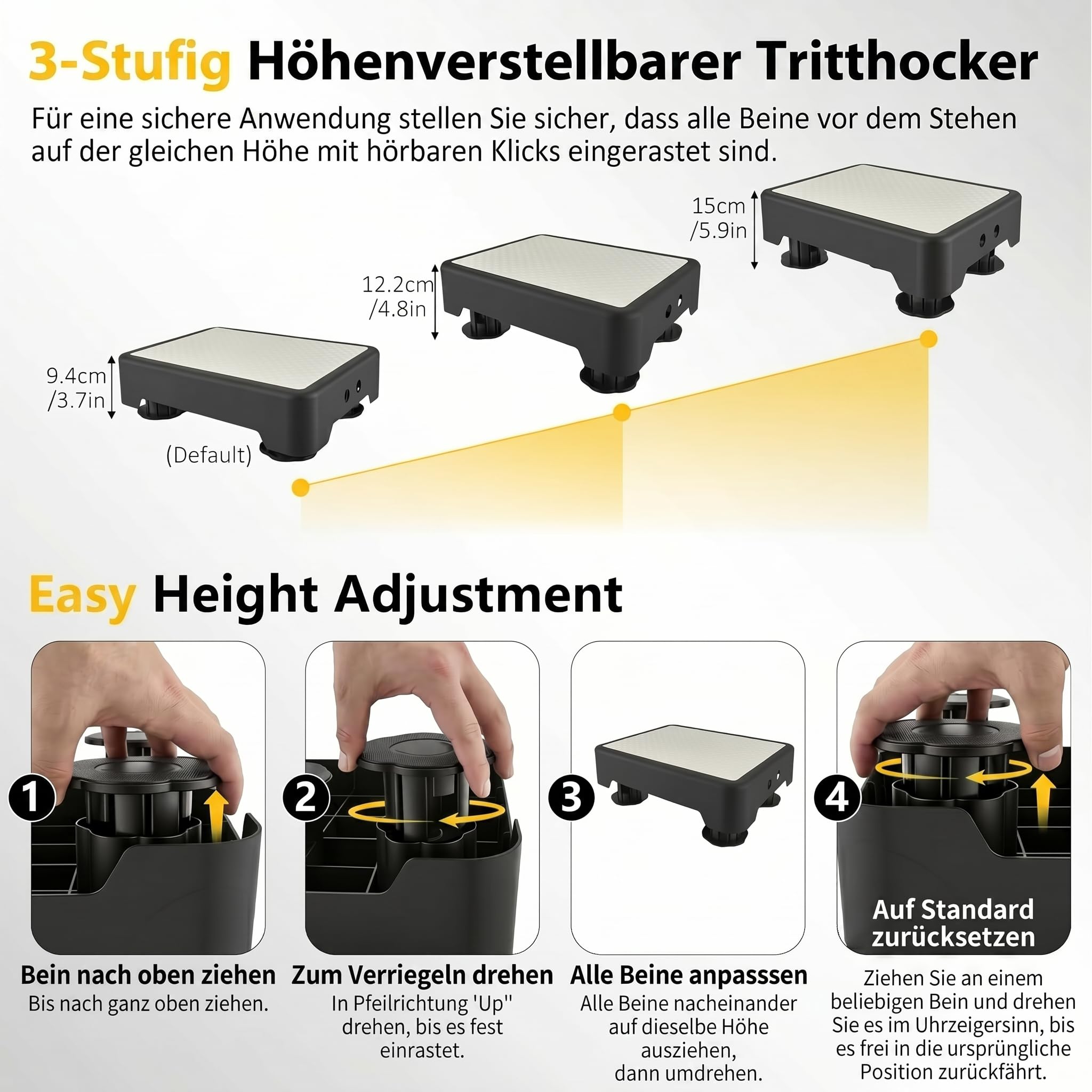 rutschfest Halbstufe 3-Stufig Höhenverstellbar, Nachleuchtende Trittstufe für Senioren & Kinder, Tragbare Tritthocker Bis 250 kg, Step Hocker für Bad, Wohnwagen (Fluoreszierendes Grün)