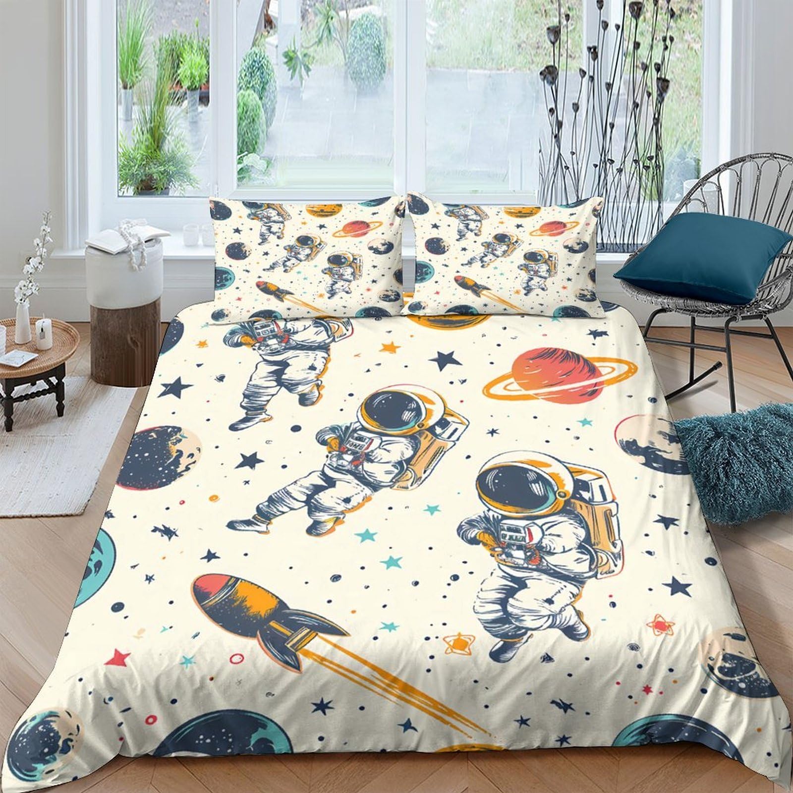 Ctjqhvkz Style-9 3D Printed Astronaut Planet Fitted Sheet Microfiber Soft Cartoon Rocket Bed Cover For Bedroom Dorm Mattress Decor Single（135X200cm）