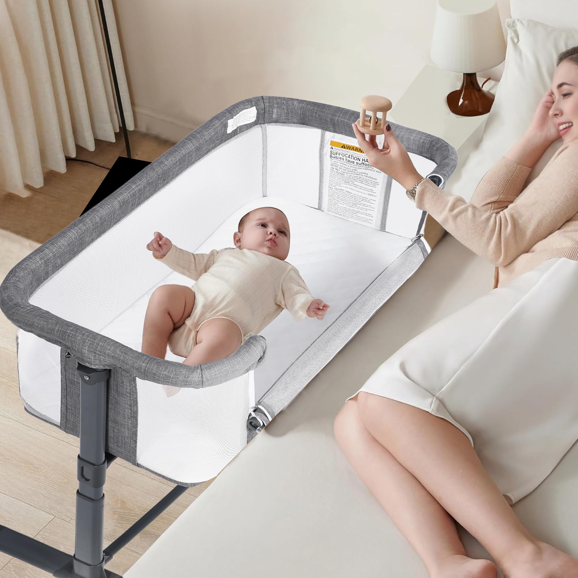 Kinder King Baby Bassinet w/Wheels, Folding Portable Newborn Bedside Sleeper, All-Sided Mesh Infant Crib, Adjustable Height, Removable Soft Mattress, No Tool to Assemble, Grey