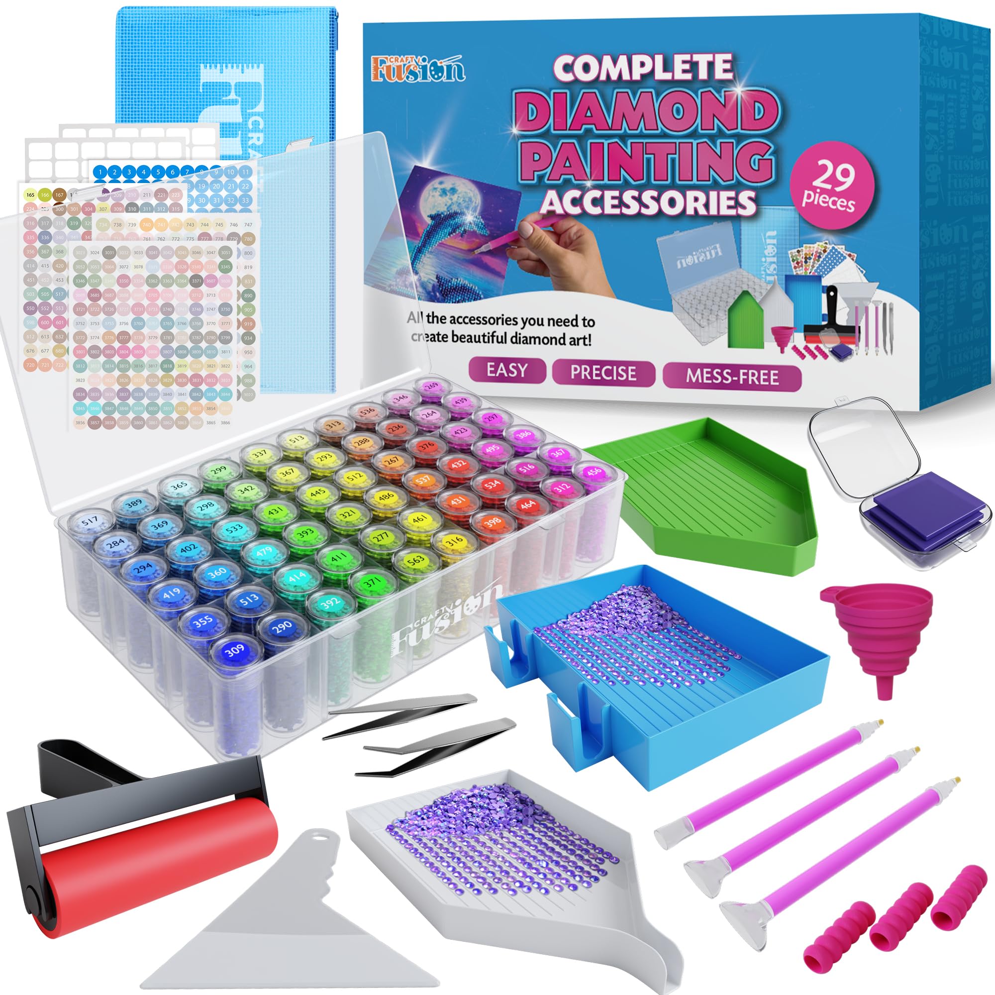Craft Fusion Diamond Painting Tools and Accessories - Diamond Art Kits for Adults and Kids - DIY Bead Organizer Box with Large Grid Storage Containers, 60 Parts, Includes Sticker Pack
