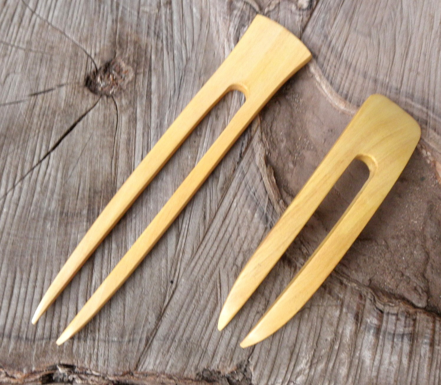(1) Yellow Teak Wood Two Prong Curved 4.5 Inch & (1) Yellow Teak Two Prong Straight 6 Inch Hair Stick Pick Pic Pin Fork