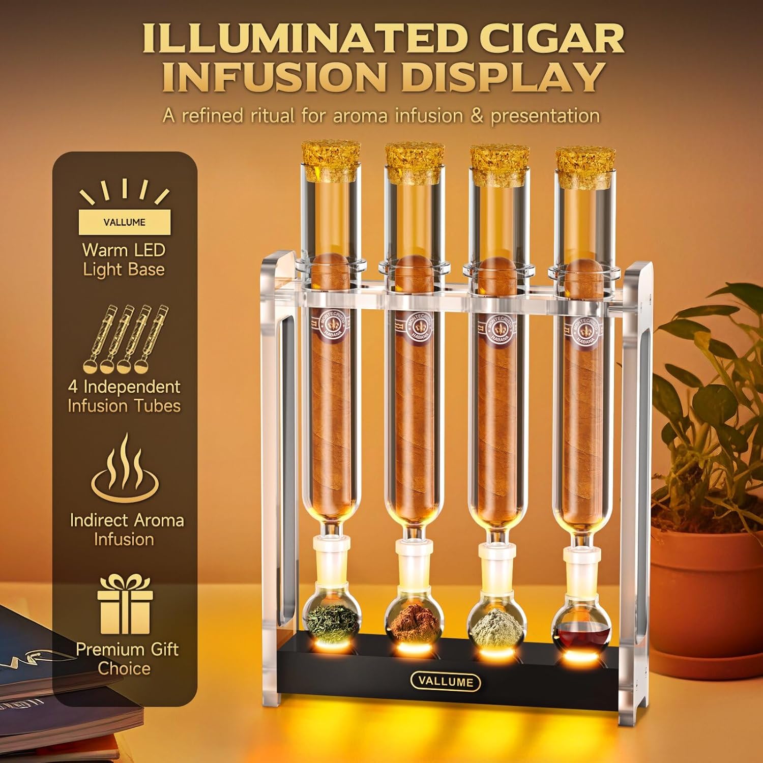 VALLUME Cigar Flavoring Humidor Box Set with LED Light Base, 4 Glass Cigar Tubes & Glass Balls, Clear Acrylic Display Stand for Flavor Aging and Display – Cigar Accessories Gift for Men