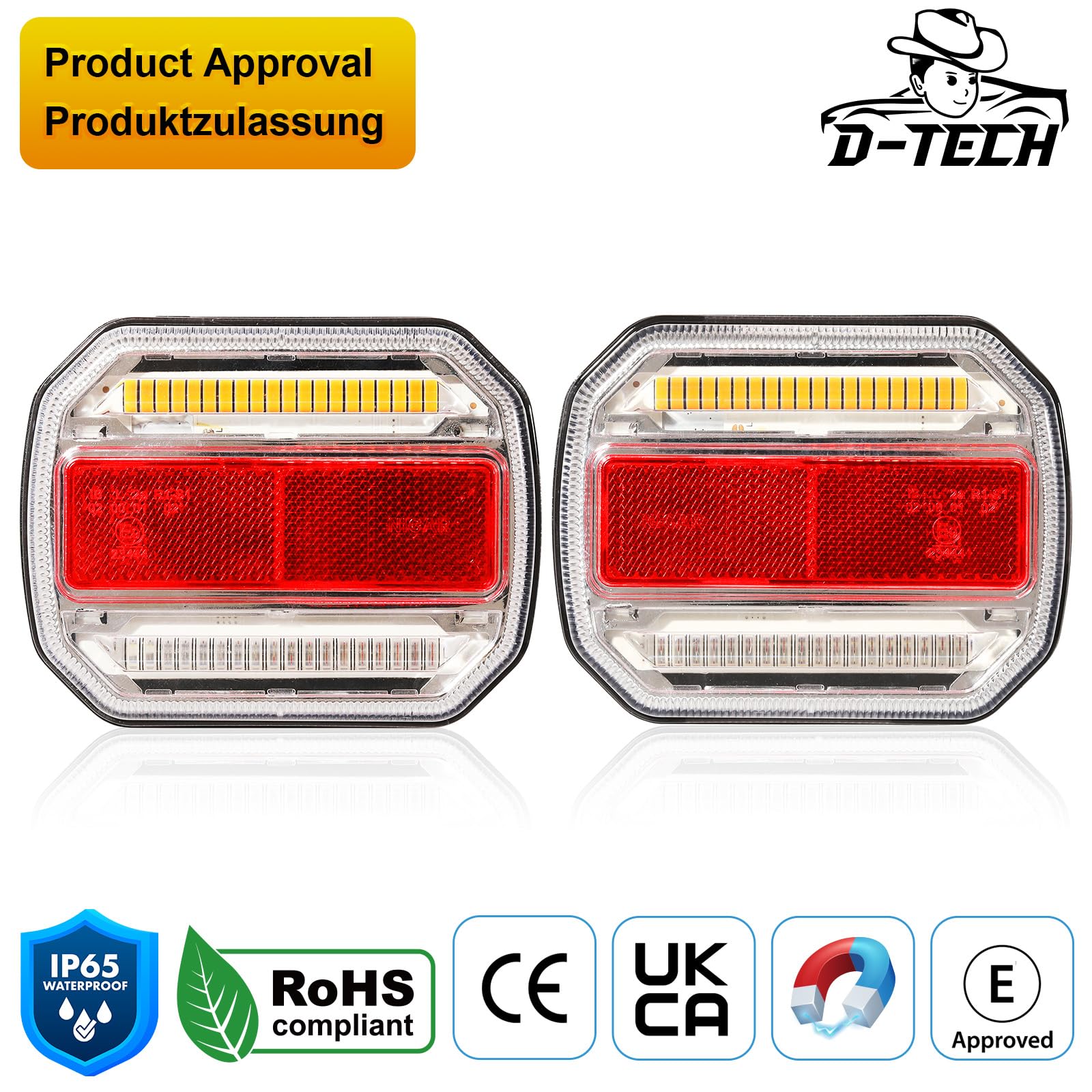 D-TECH LED feux arrière de remorque magnétique sans fil, feux arrière dynamiques étanches sans câble,Kit plaque de feux remorque sans fil magnétique 12V 24V,approuvé ECE R10 EMC