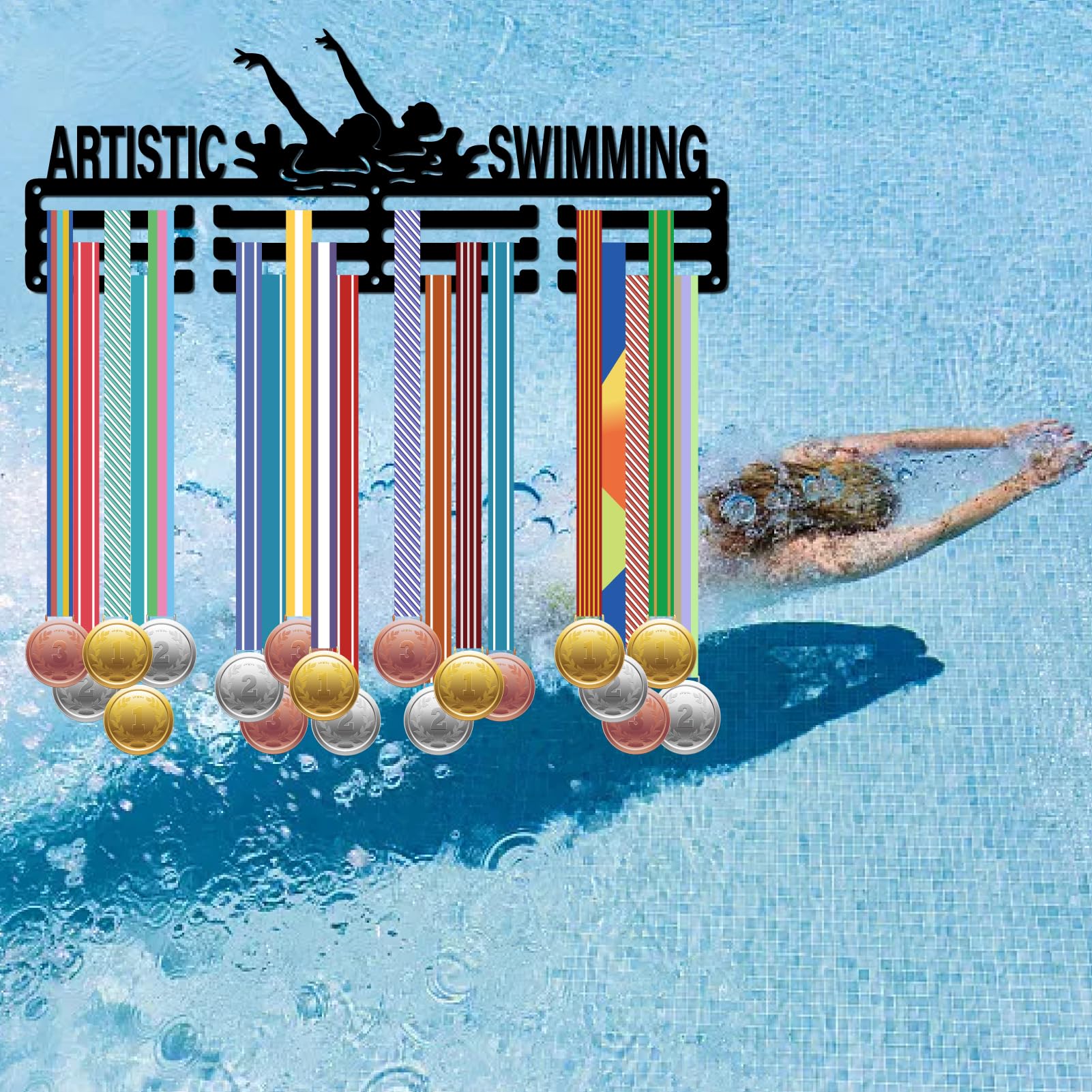CREATCABIN Soporte Artístico para Medallas Natación,Colgador Medallas,Marco Montaje En Pared,para Colgar Deportes,Atleta,Metal,Hierro,Negro,Organizador para Colgar 60 Medalla,Premios,Fútbol,40x15cm