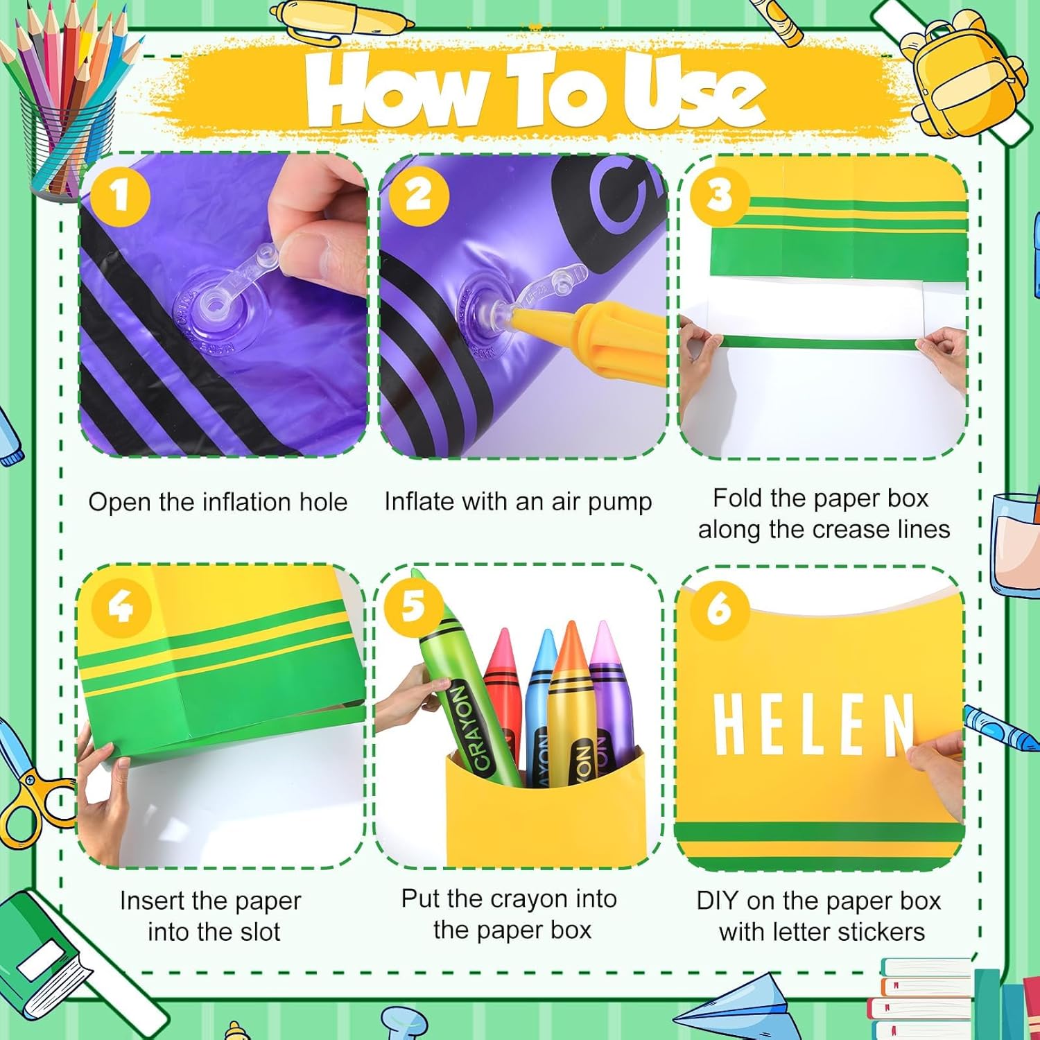 Naozinebi 8 Pcs Giant Party Decorations Large Inflatable Crayon Paper Box Number Alphabet Stickers Welcome Birthday Photo Prop Halloween Party Décor