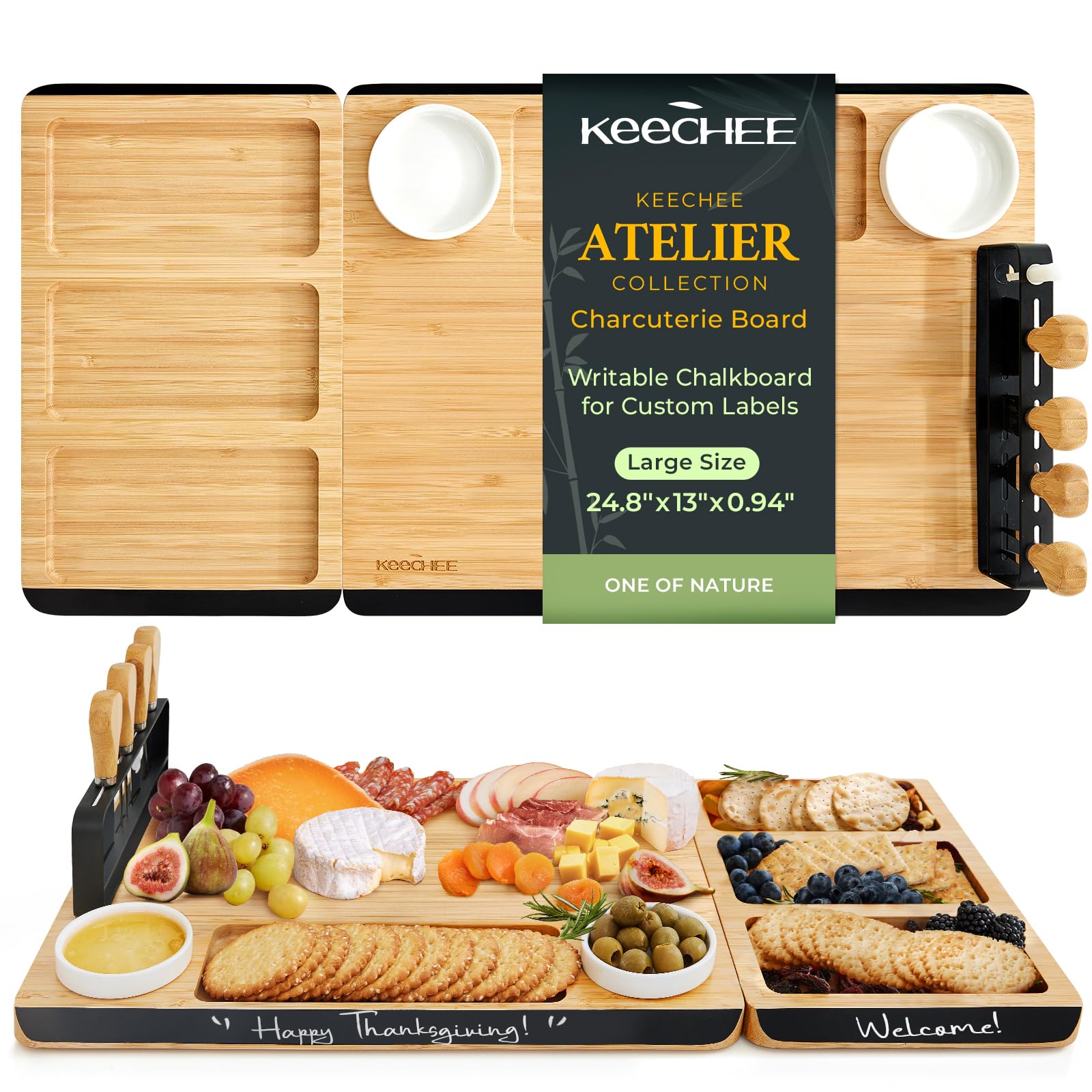 Charcuterie Boards Set of Christmas Gifts: Large Bamboo Cheese Board Set with Chalkboard Edge & Forks Set - Ideal for Housewarming Gift, Weddings, Bridal Showers, and Unique Gifts for Womem