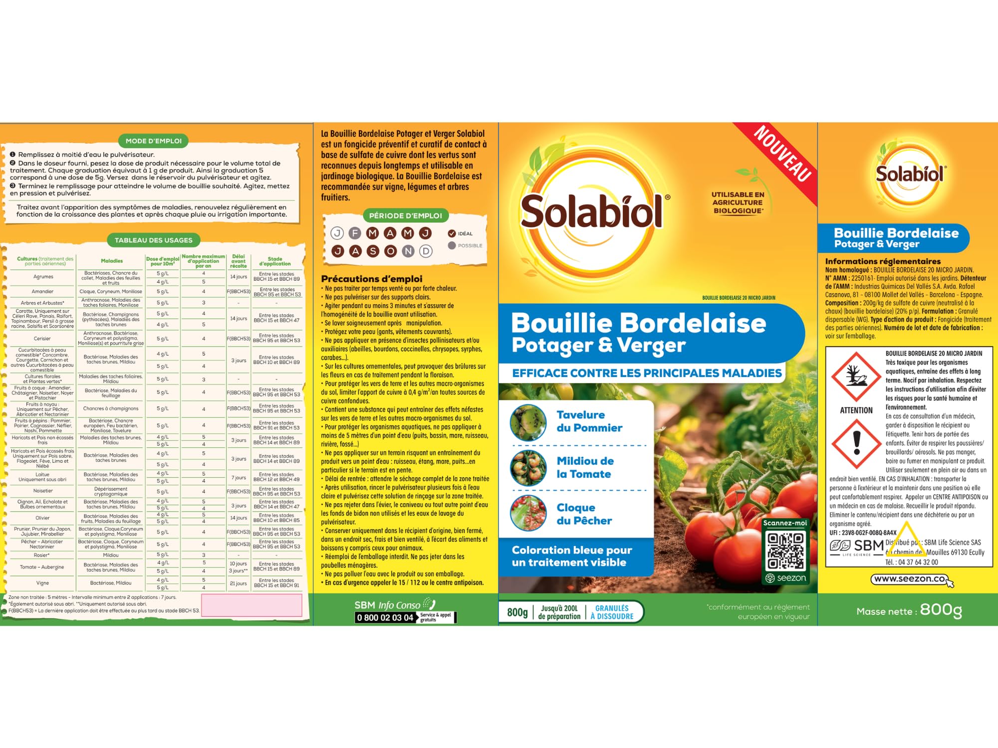 SOLABIOL Bouillie Bordelaise - Granulés - 200L de Solution - 800g | Fongicide Polyvalent - Préventif & Traditionnel - Mildiou, Tavelure, Cloque - Coloration Bleue - SOBB800