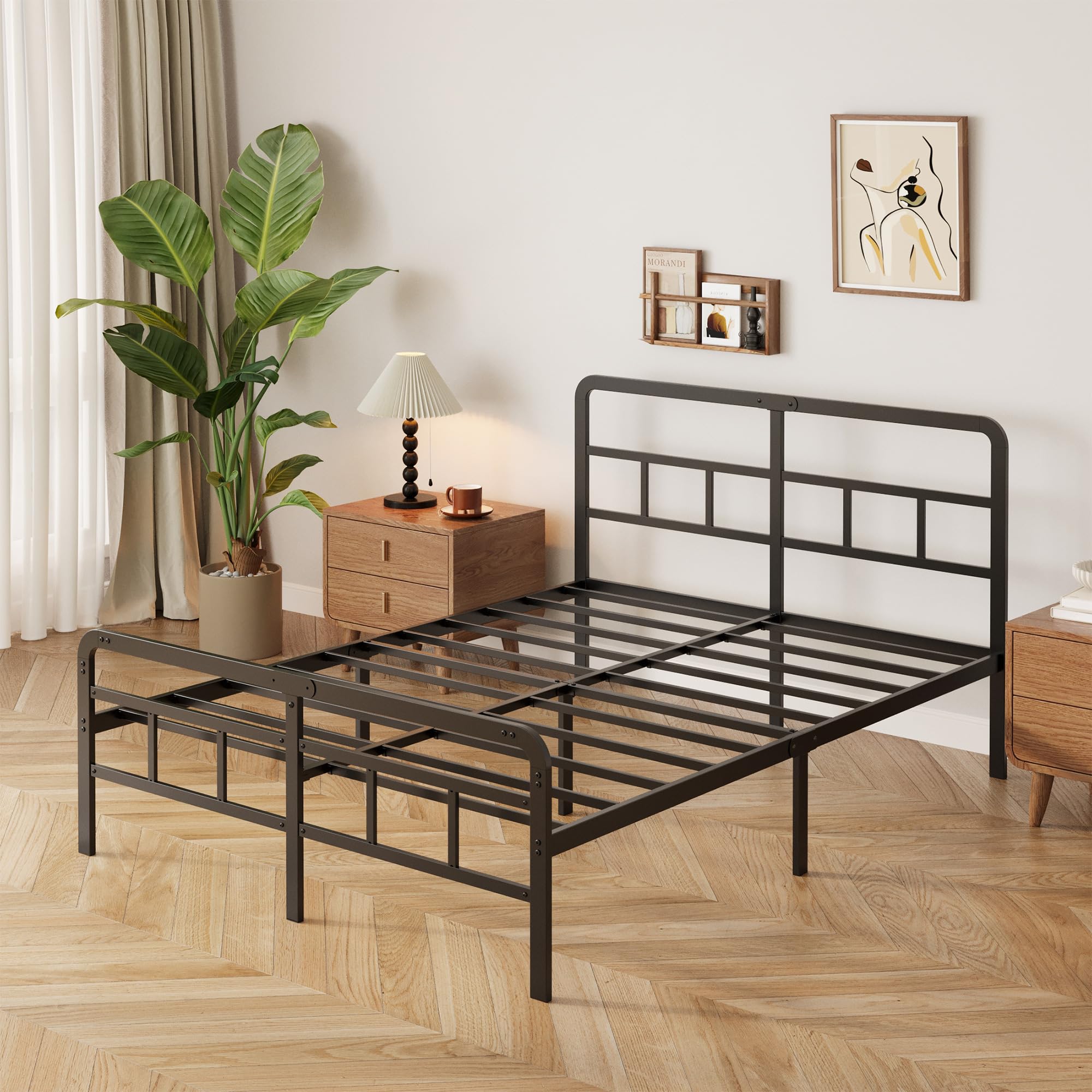 Yicensen Metallbett 140x200 cm mit Gebogenem Kopf und Fußteil, Bettgestell aus Metall für Doppelbett mit Schweren Metalllatten für Stabilen Halt, Geräuschlos, Einfach zu Montieren, 36cm Hoch, Schwarz