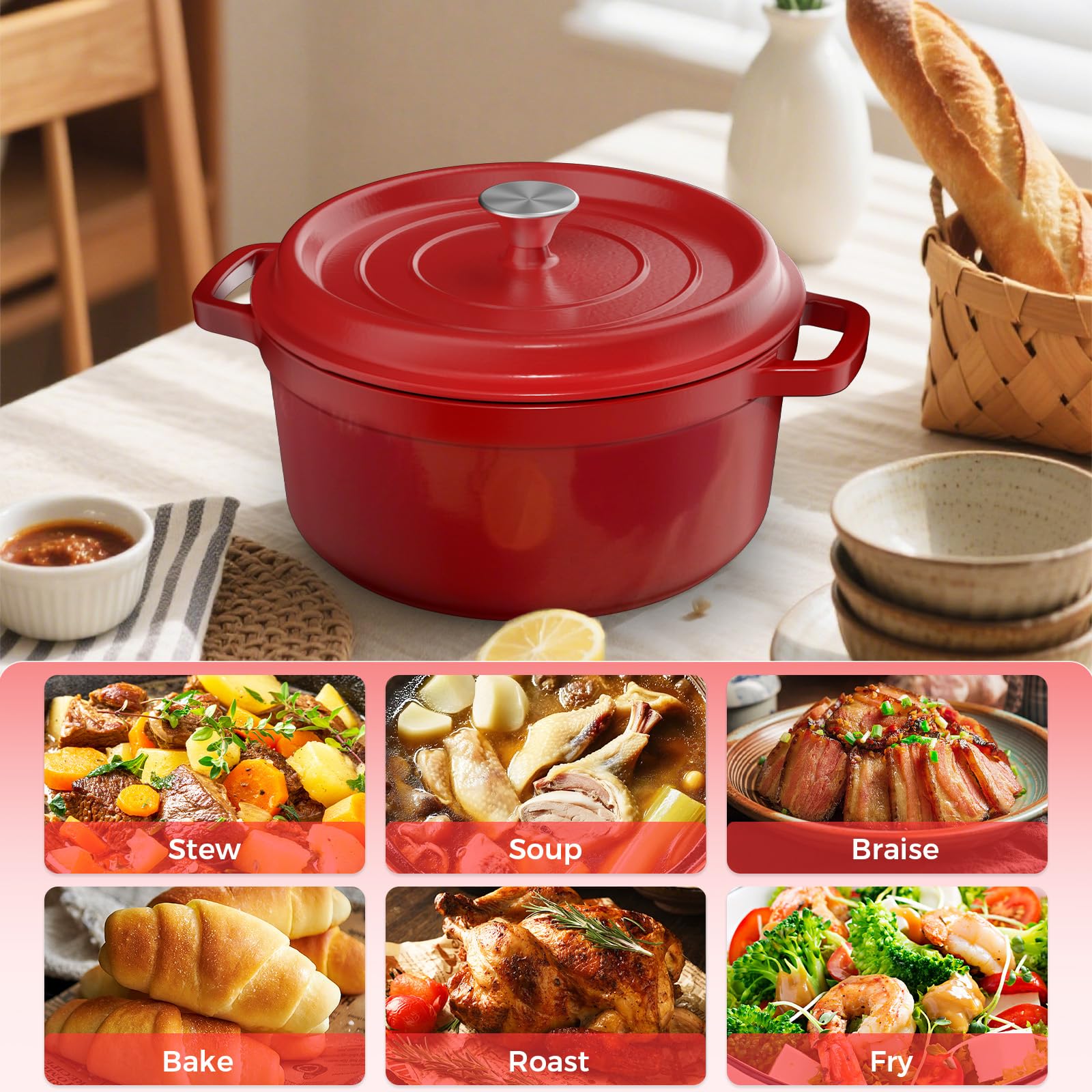 YASHE Pentola in Ghisa con Coperchio, 5L Casseruola Antiaderente, Forno Olandese Smaltato Rotondo per Zuppe, Stufati e Cottura al Forno, Rossa