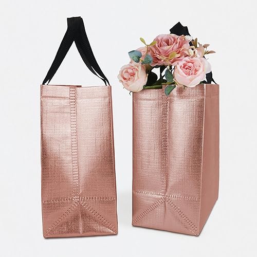 Miniatura 6 de Paquete de 12 bolsas de regalo medianas de color oro rosa, bolsas de regalo reutilizables con asas, resistentes, brillantes, metálicas, no tejidas,