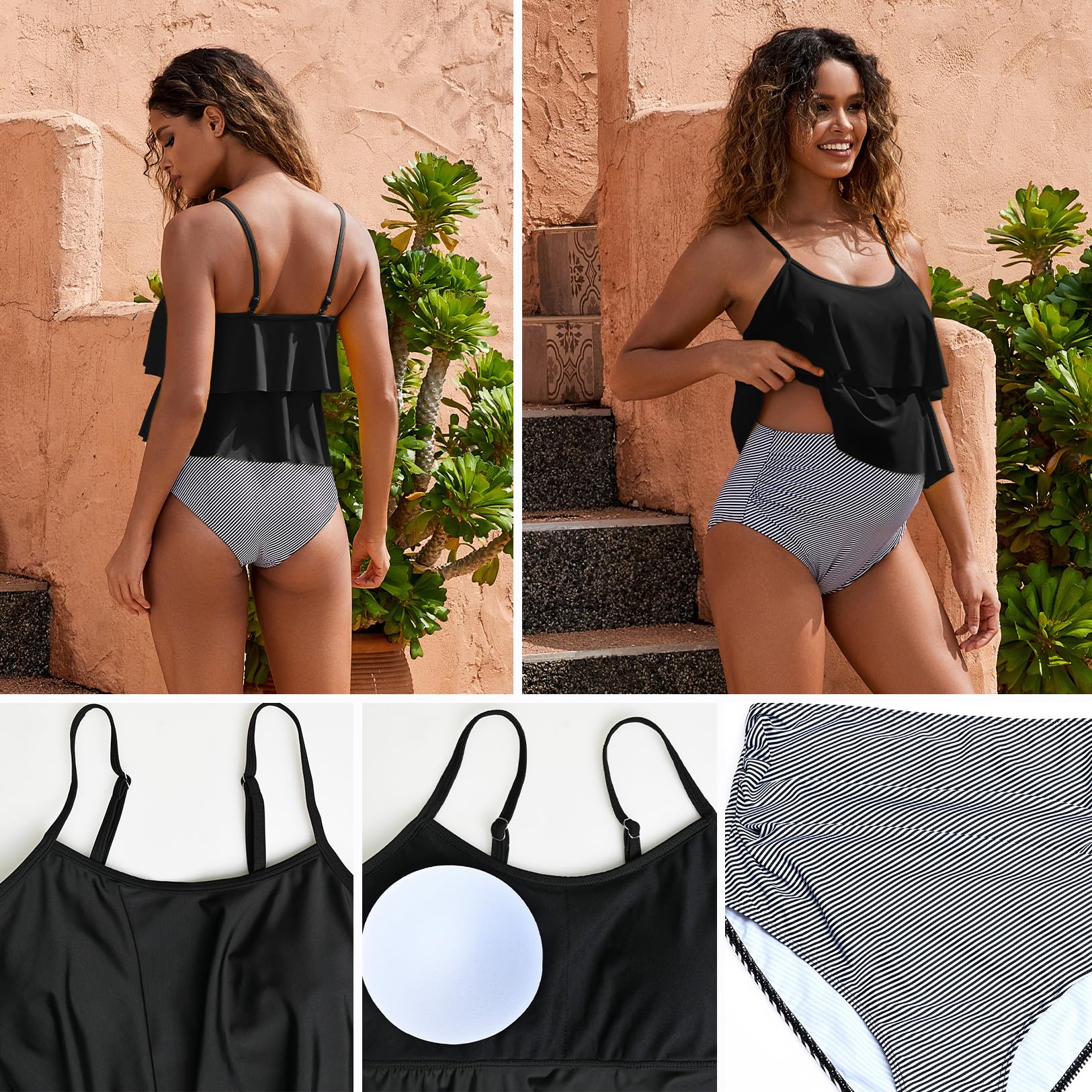 GINKANA Maillot de bain tankini 2 pièces pour femme - Ourlet à volants - Double ourlet à volants