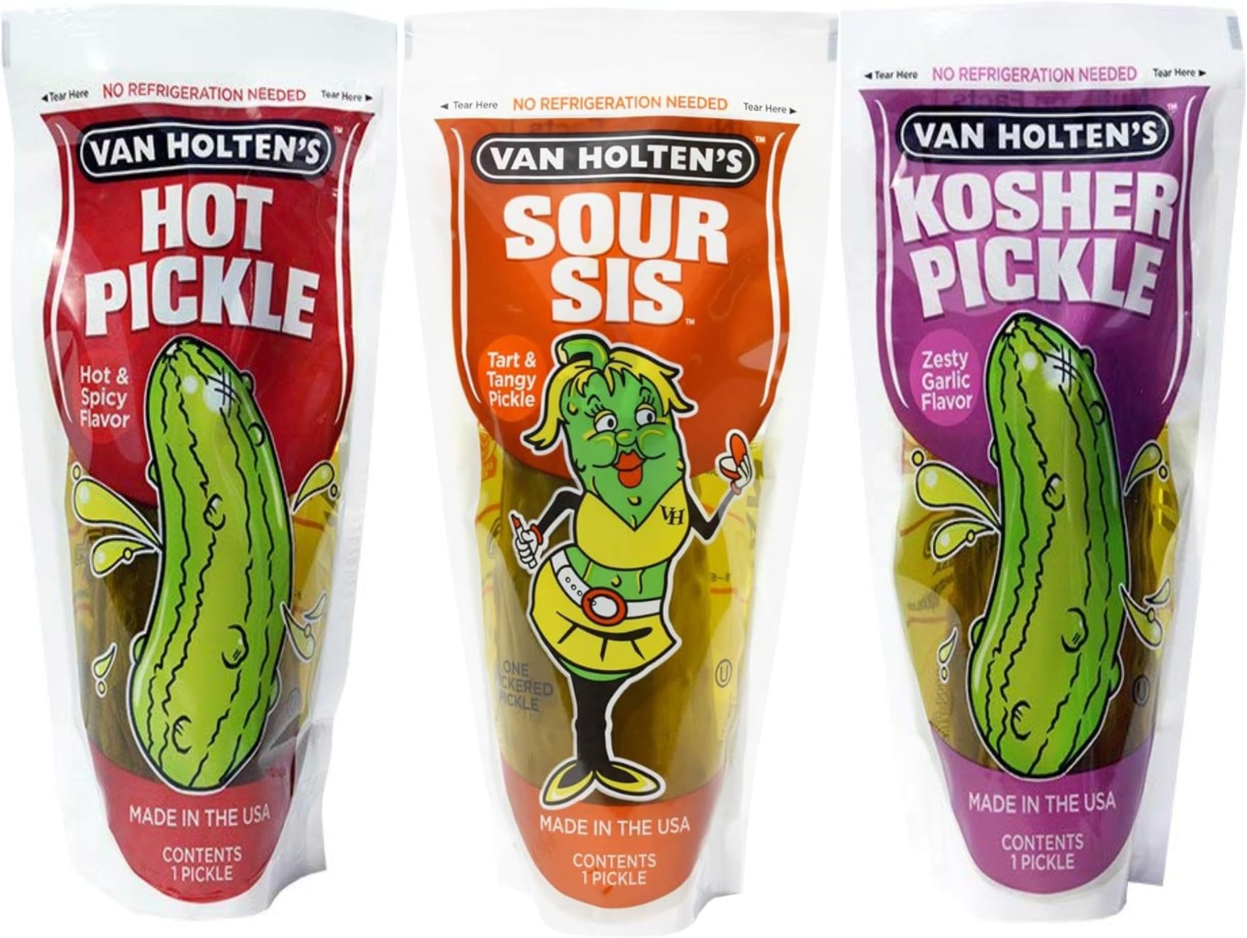 Van Houltens Jumbo Pickle in A Pouch Variety Pack - 3 Flavours - Kosher Garlic - Hot and Spicy - Sour Sis [3 PACK BUNDLE]