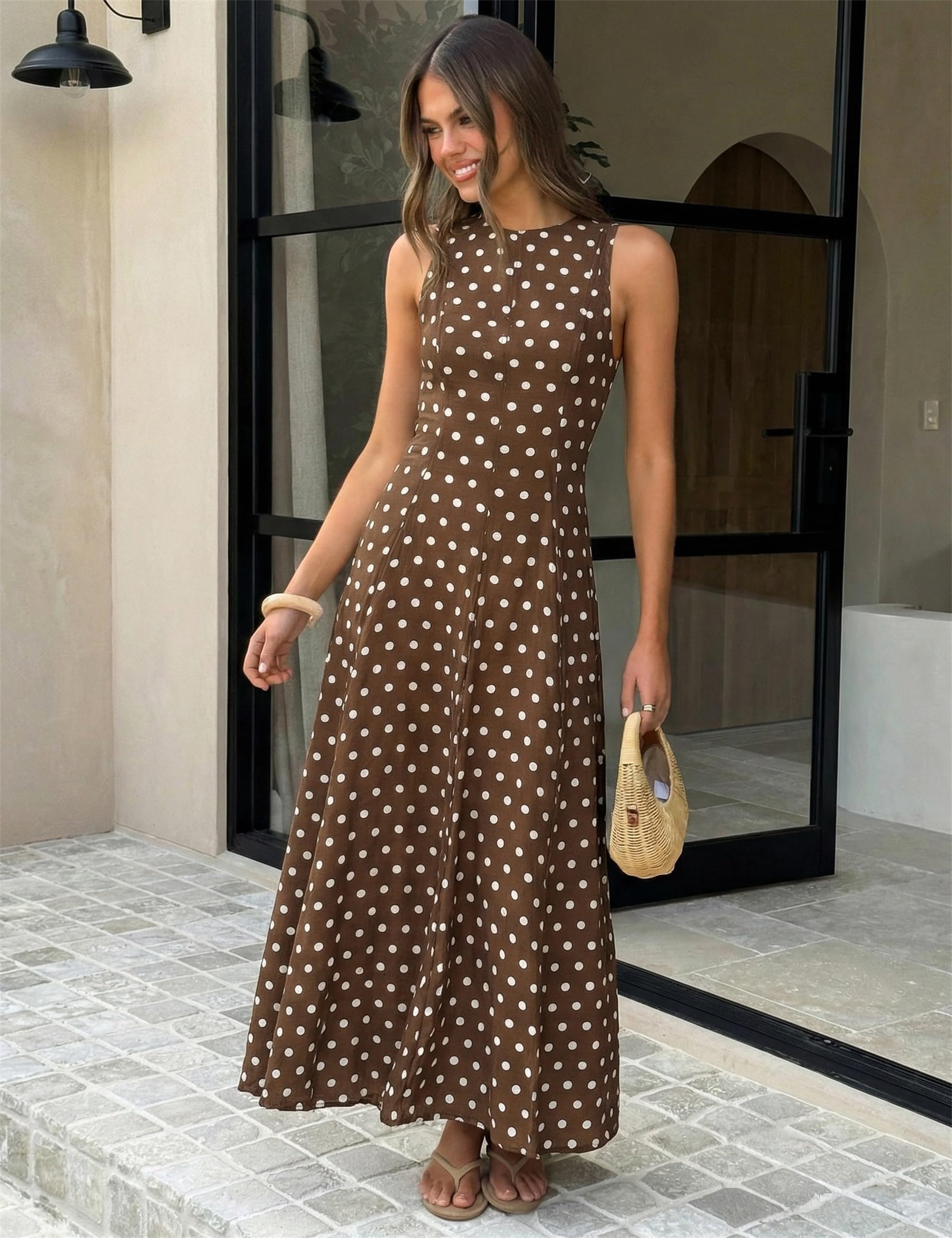 Abito estivo da donna a pois, senza maniche, scollo rotondo, a vita alta, elegante, vintage, rockabilly, per feste