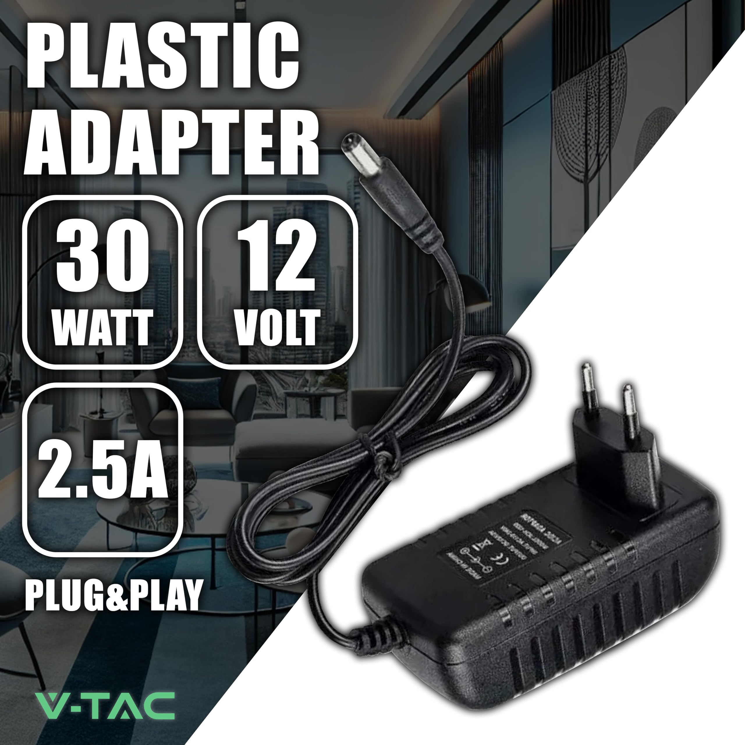 V-TAC Zasilacz 12 V 30 W 2,5 A do kamer, taśmy LED, modem - Adapter transformatora 12 V z wtyczką domową do ekranów i urządzeń elektronicznych - Wejście AC 100-240 V - 50/60 Hz