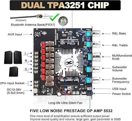 Miniatura 21 de TDA7498E Bluetooth Amplificador de Potencia Junta con Subwoofer 2.1 Canal 160W × 2+220W, 15V-36V Módulo amplificador de potencia de audio