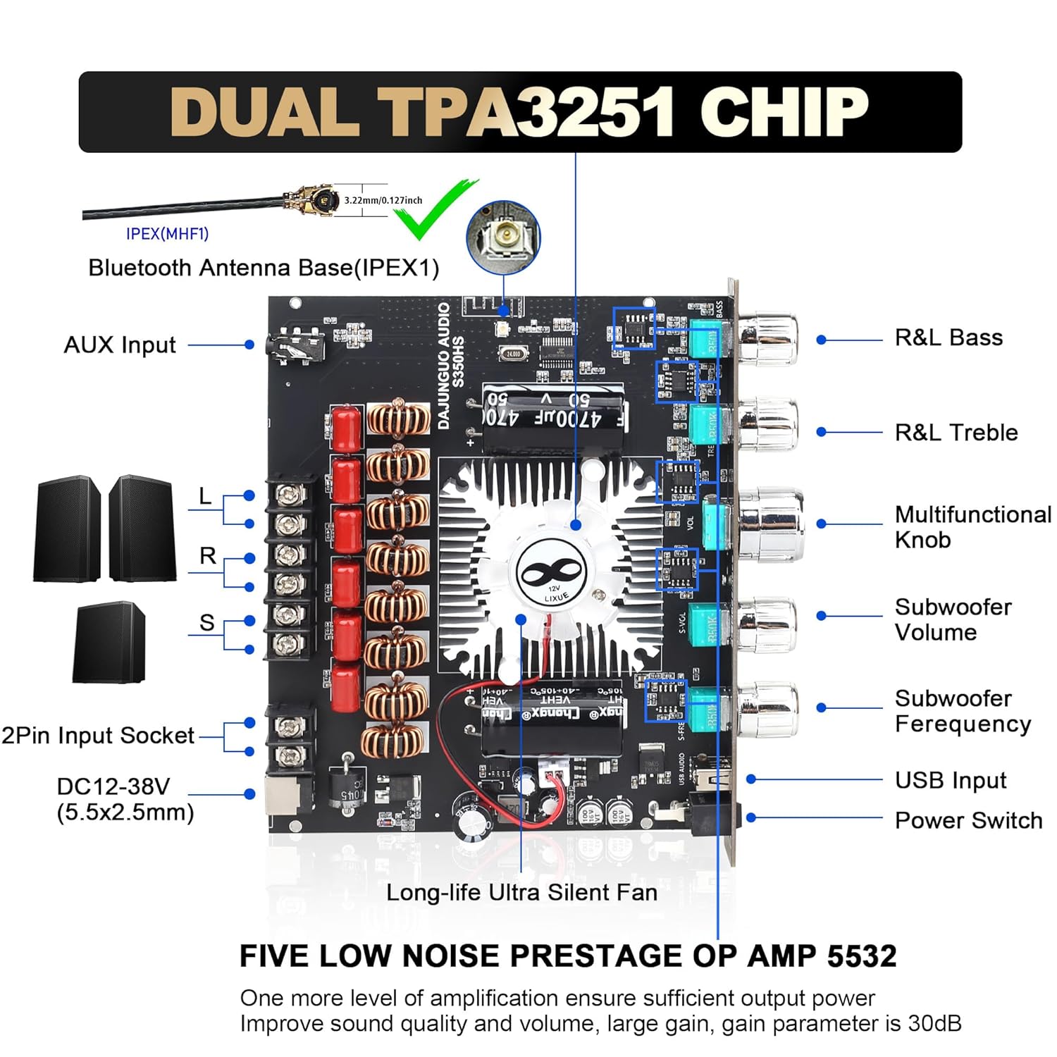 S350HS TPA3251 Bluetooth Power Amplifier Board with Subwoofer 2.1 Channel 220W×2+350W, 12V-38V Audio Power Amplifier Module