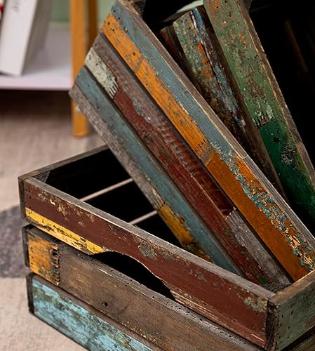 Miniatura 7 de TIMRIS Juego de 3 cajas de madera rústica envejecida, cajas de almacenamiento de madera decorativas de granja, cestas grandes de madera reciclada