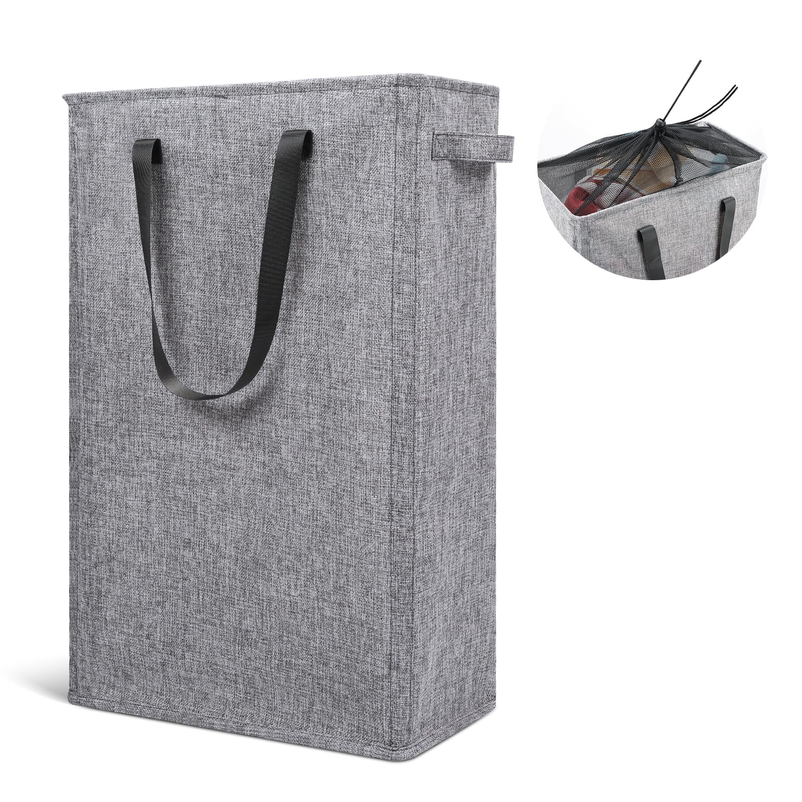 Odonata Slim Laundry Hamper Handles Collapsible Laundry Basket Thin Dirty Clothes Basket Narrow Laundry Bag Foldable Dirty Hamper 45L (Heather Grey)