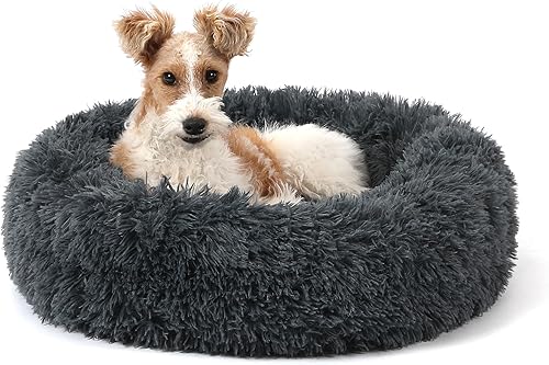 Miniatura 48 de NOYAL Cama calmante en forma de dona para perros y gatos pequeños a medianos. Cama para mascotas de pelo sintético de felpa antiansiedad con funda