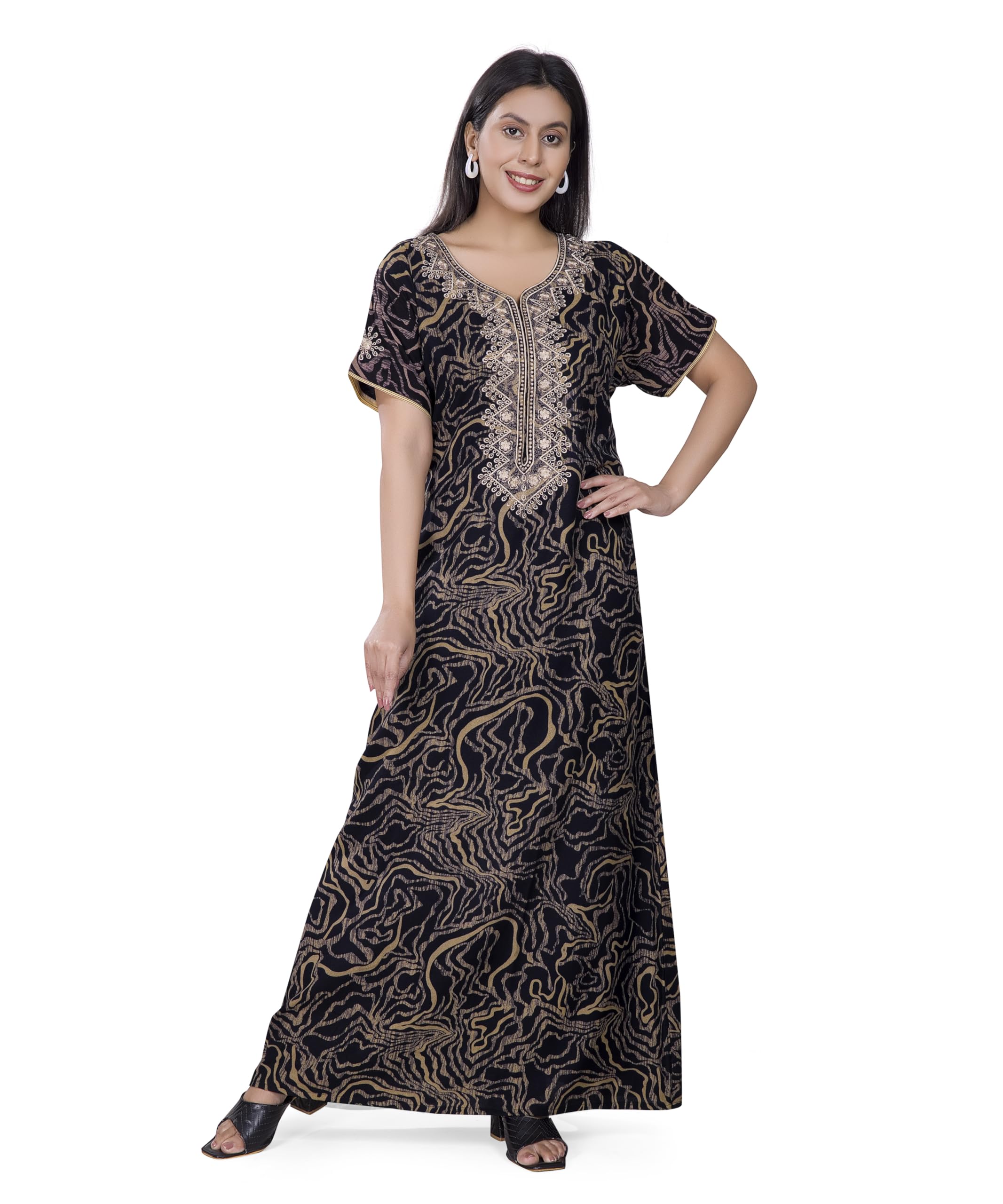 NightShades| Alpine Nighty for Women |Cotton Maxi Night Gown |Stylish Sleepwear|Women's Embroidered Maxi Dress | Short Sleeve |V-Neck| Floor Length Traditional Gown |-image-33