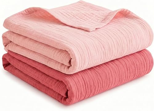 Muslin Swaddle Blankets for Boys Girls, 2 Pack Receiving Baby Blanket Large 47 x 40 inches, Soft Breathable Swaddling Wrap for Unisex Newborn (Gentle Pink)