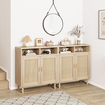 Modern Rattan Entryway Storage Cabinet Set – 4-Door Buffet Sideboard with Adjustable Shelf – 36 Inch Multi-Functional Organizer for Dining Room, Kitchen, Living Room – Set of 2